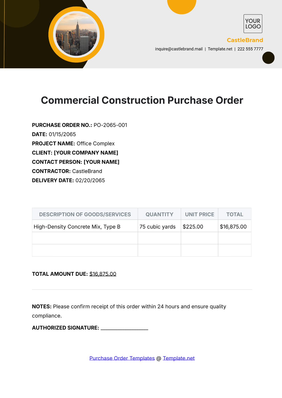 Commercial Construction Purchase Order Template - Edit Online & Download