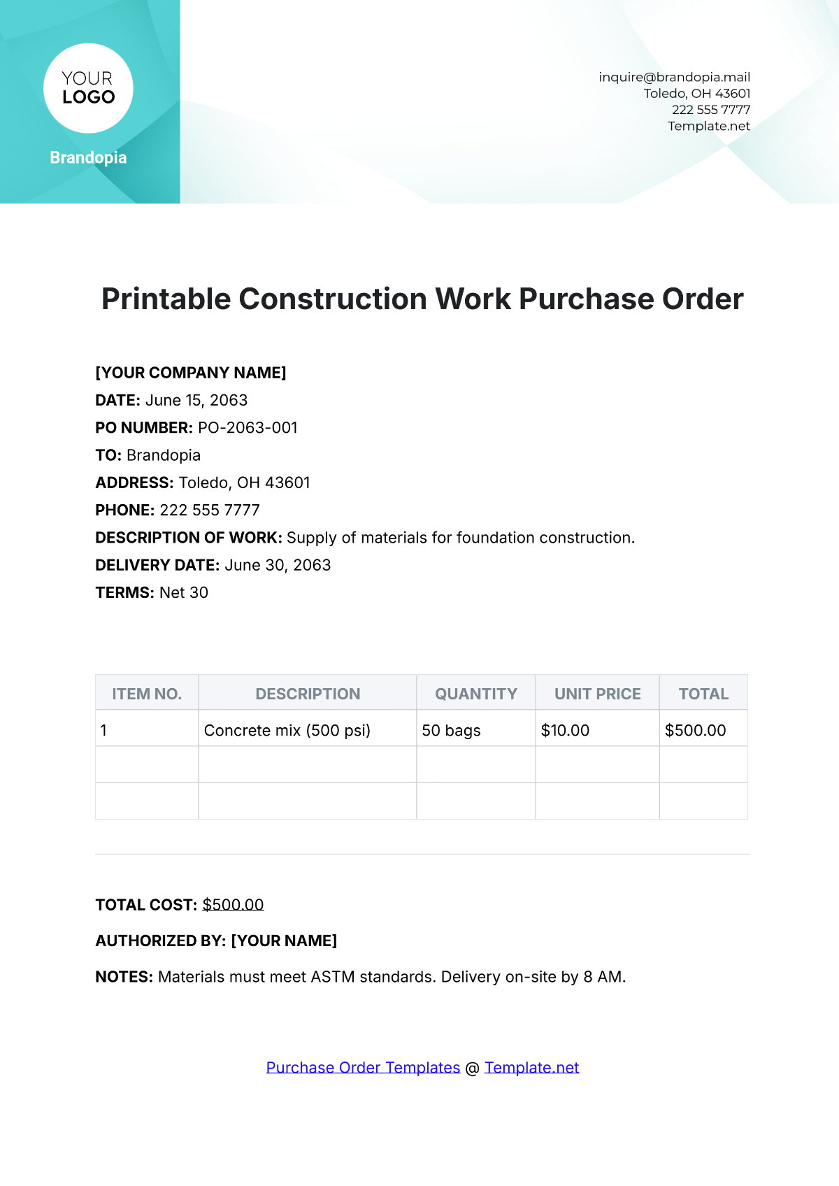 Printable Construction Work Purchase Order Template - Edit Online & Download