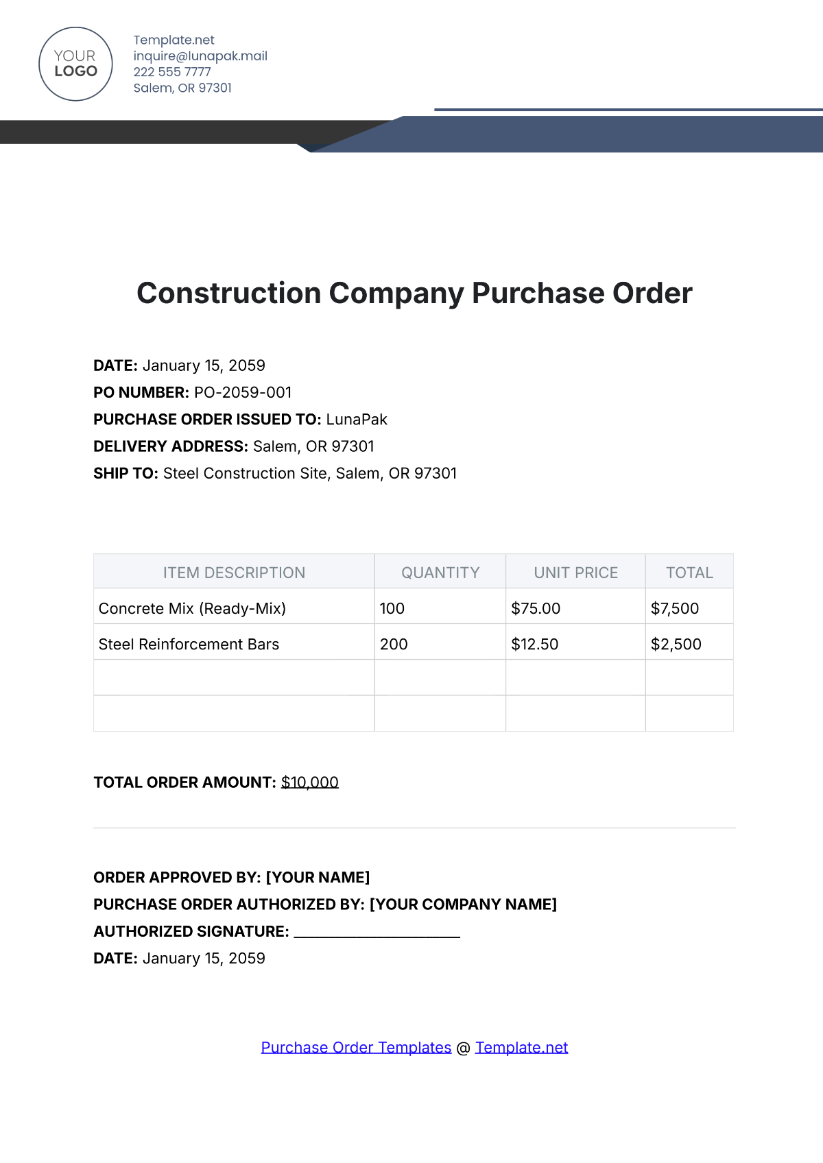 Construction Company Purchase Order Template - Edit Online & Download