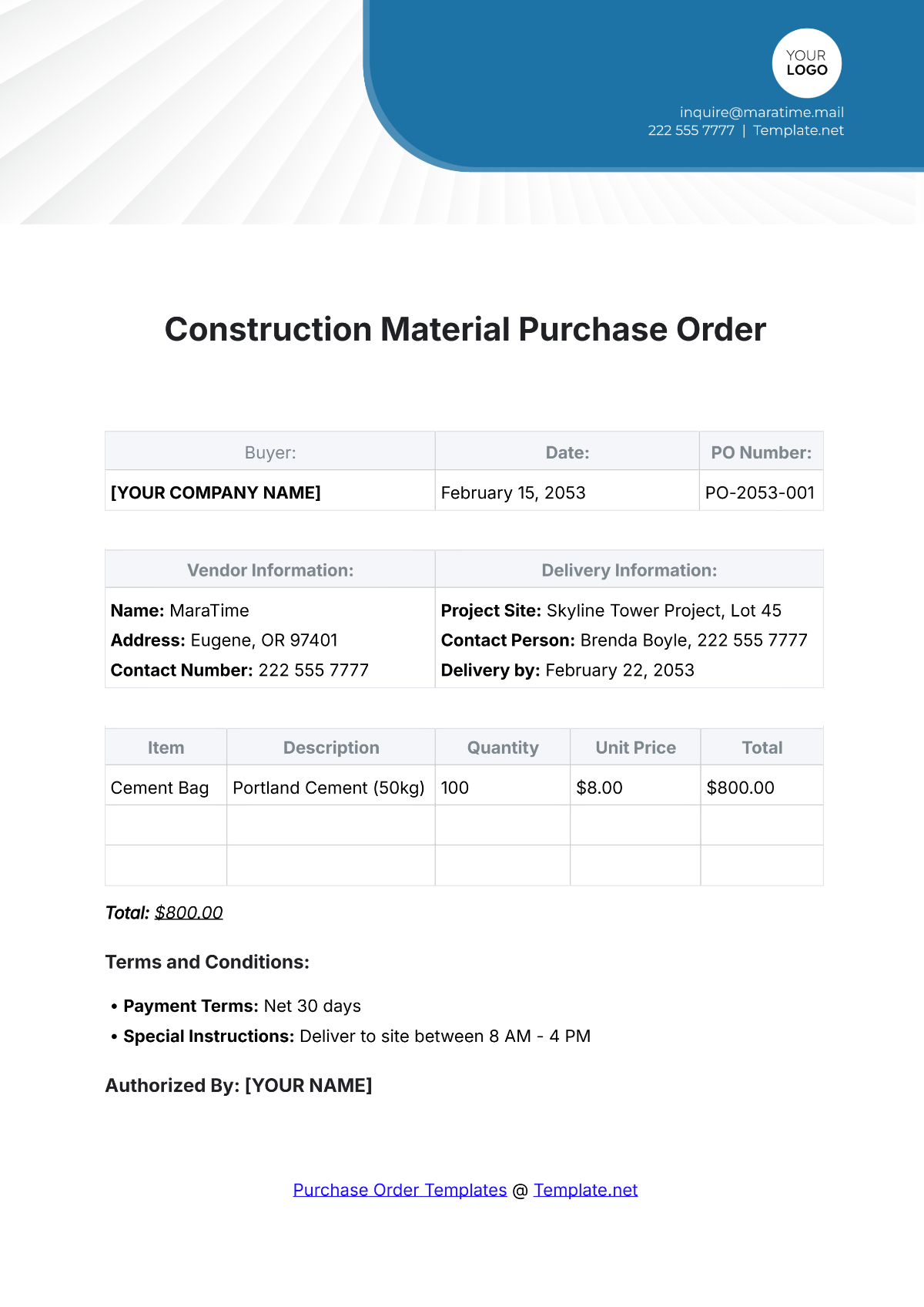 Construction Material Purchase Order Template - Edit Online & Download