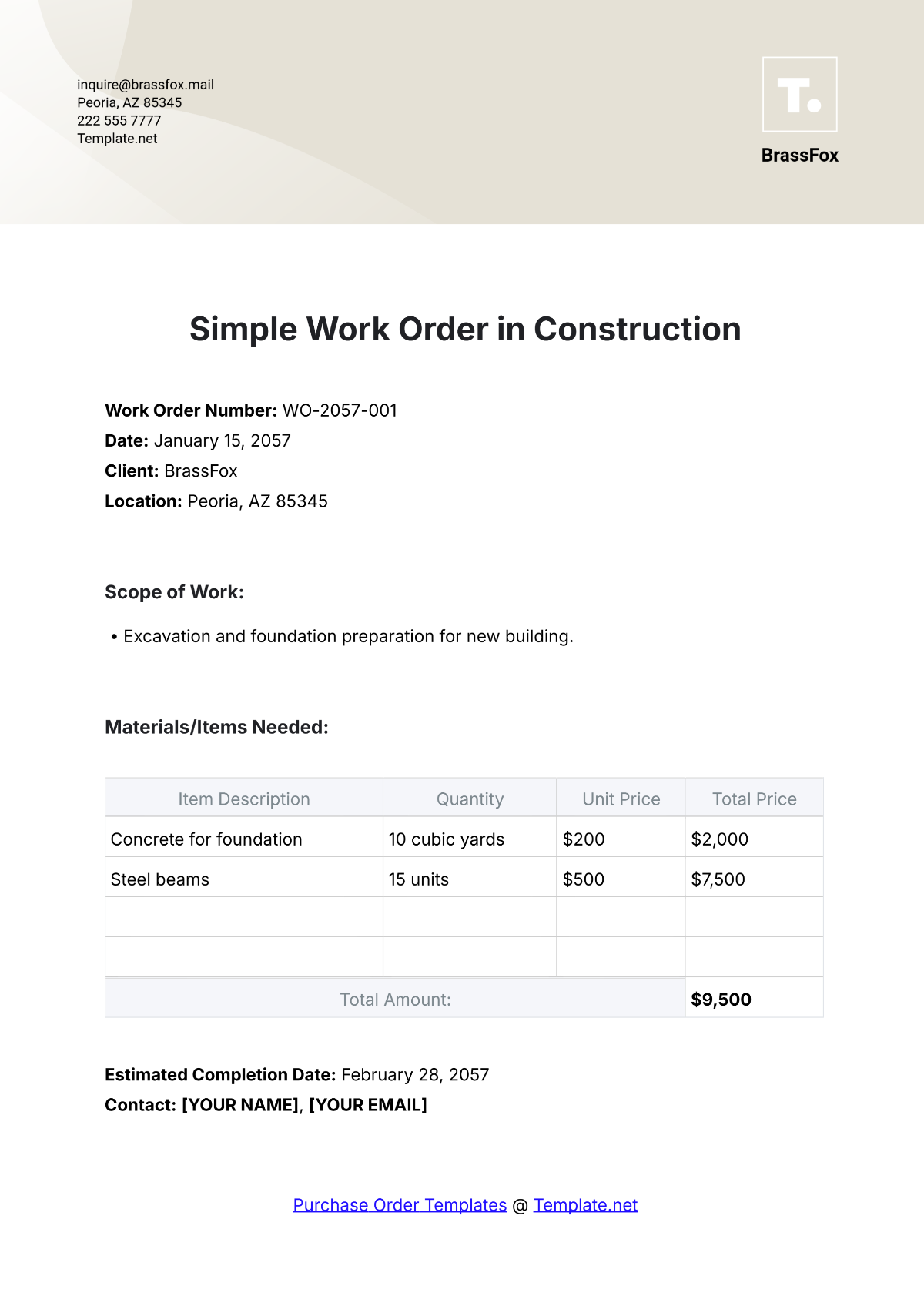 Simple Work Order in Construction Template - Edit Online & Download