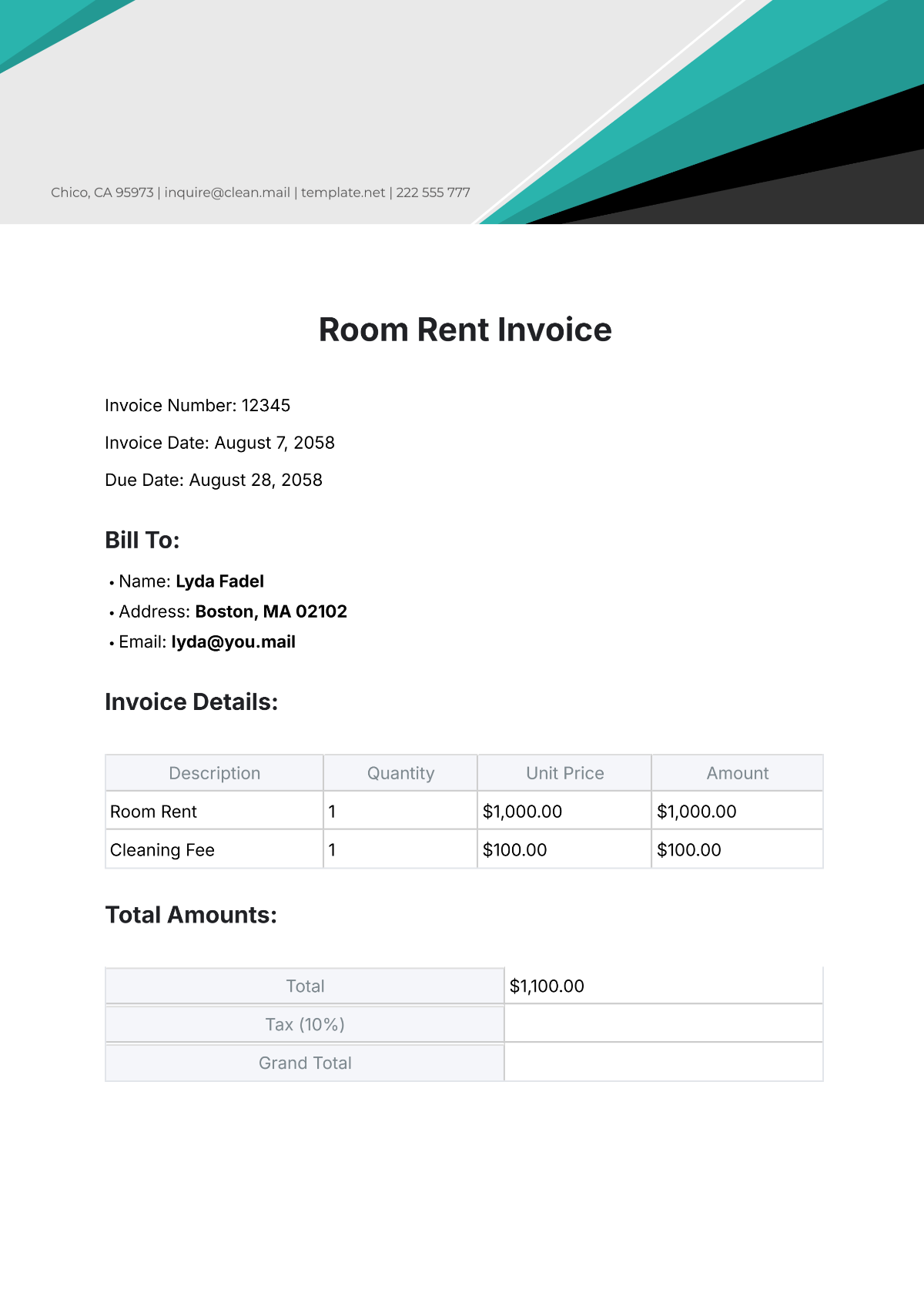 Room Rent Invoice Template - Edit Online & Download