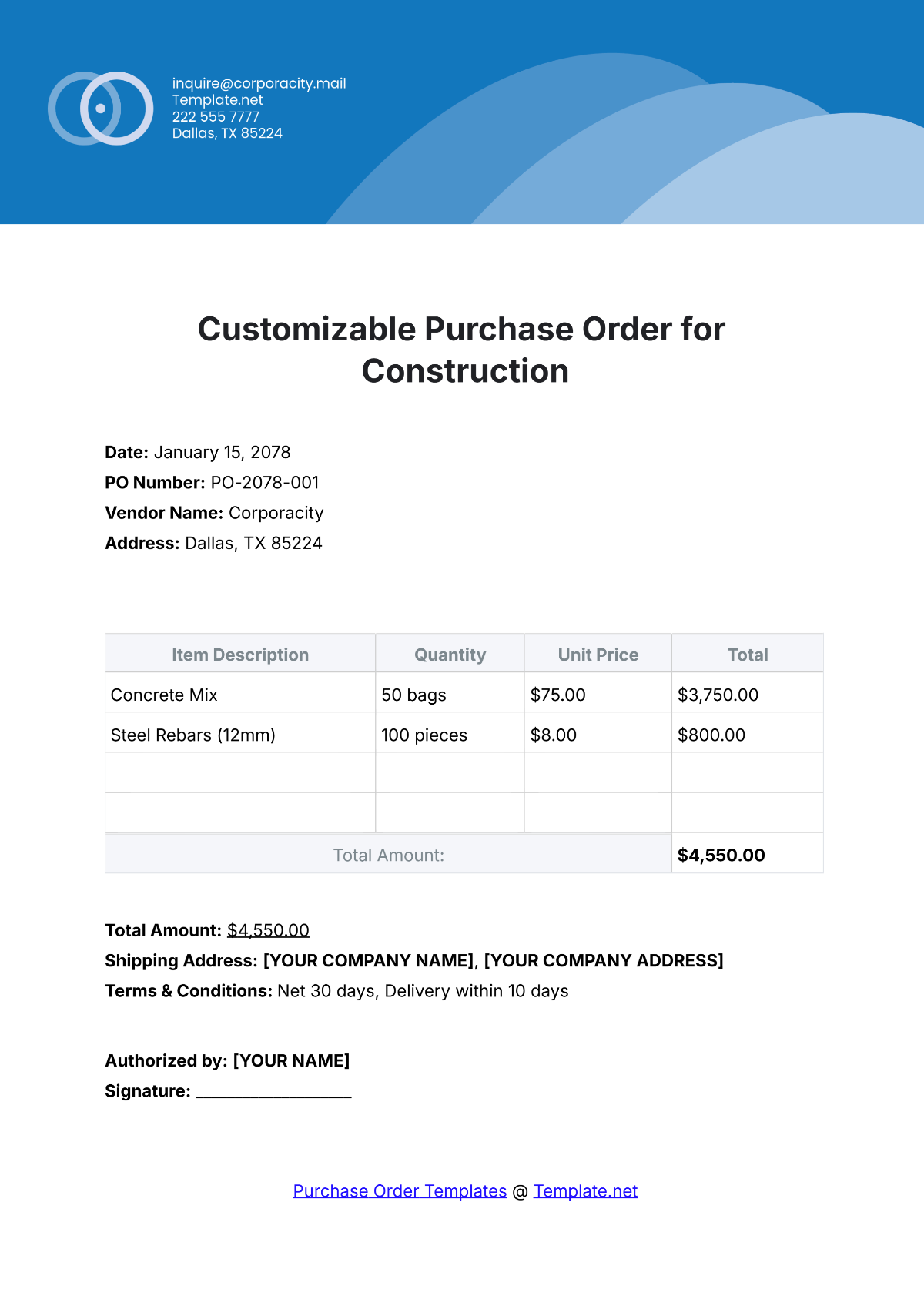 Customizable Purchase Order Template for Construction - Edit Online & Download