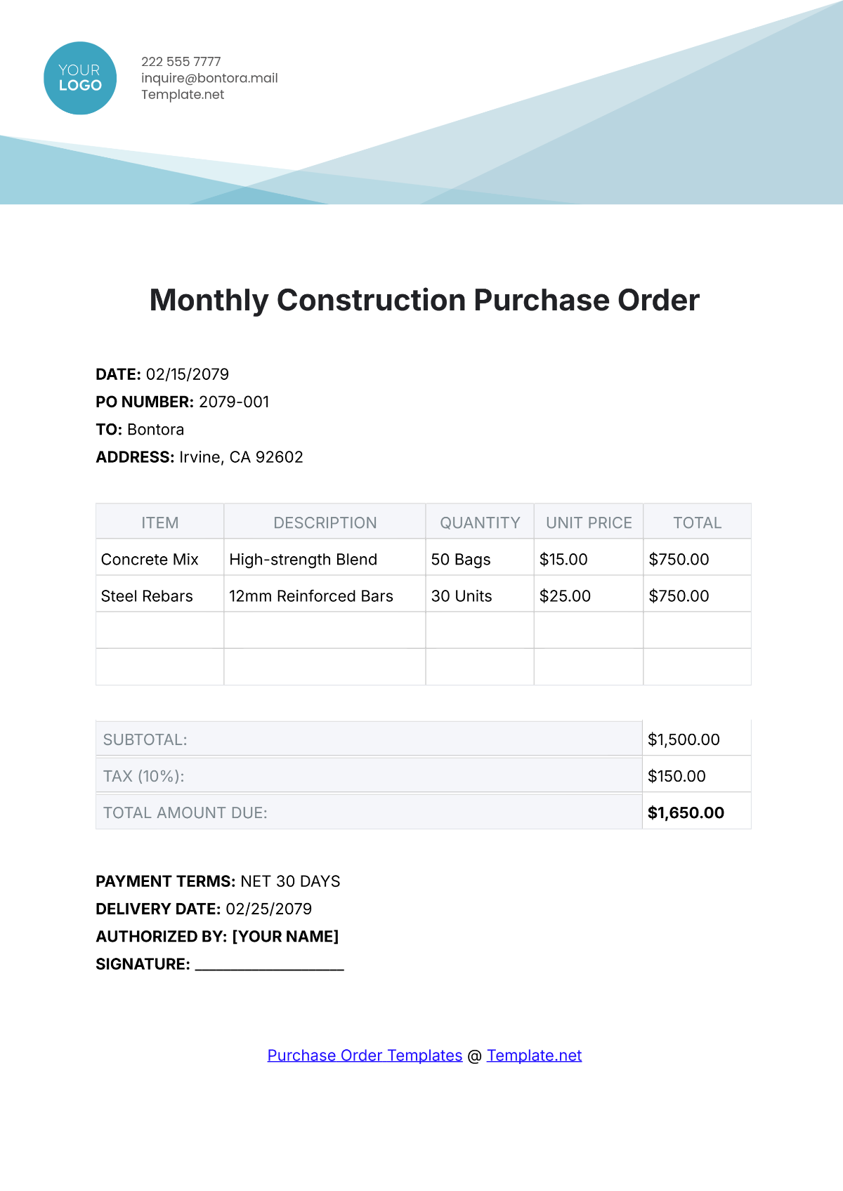 Monthly Construction Purchase Order Template - Edit Online & Download