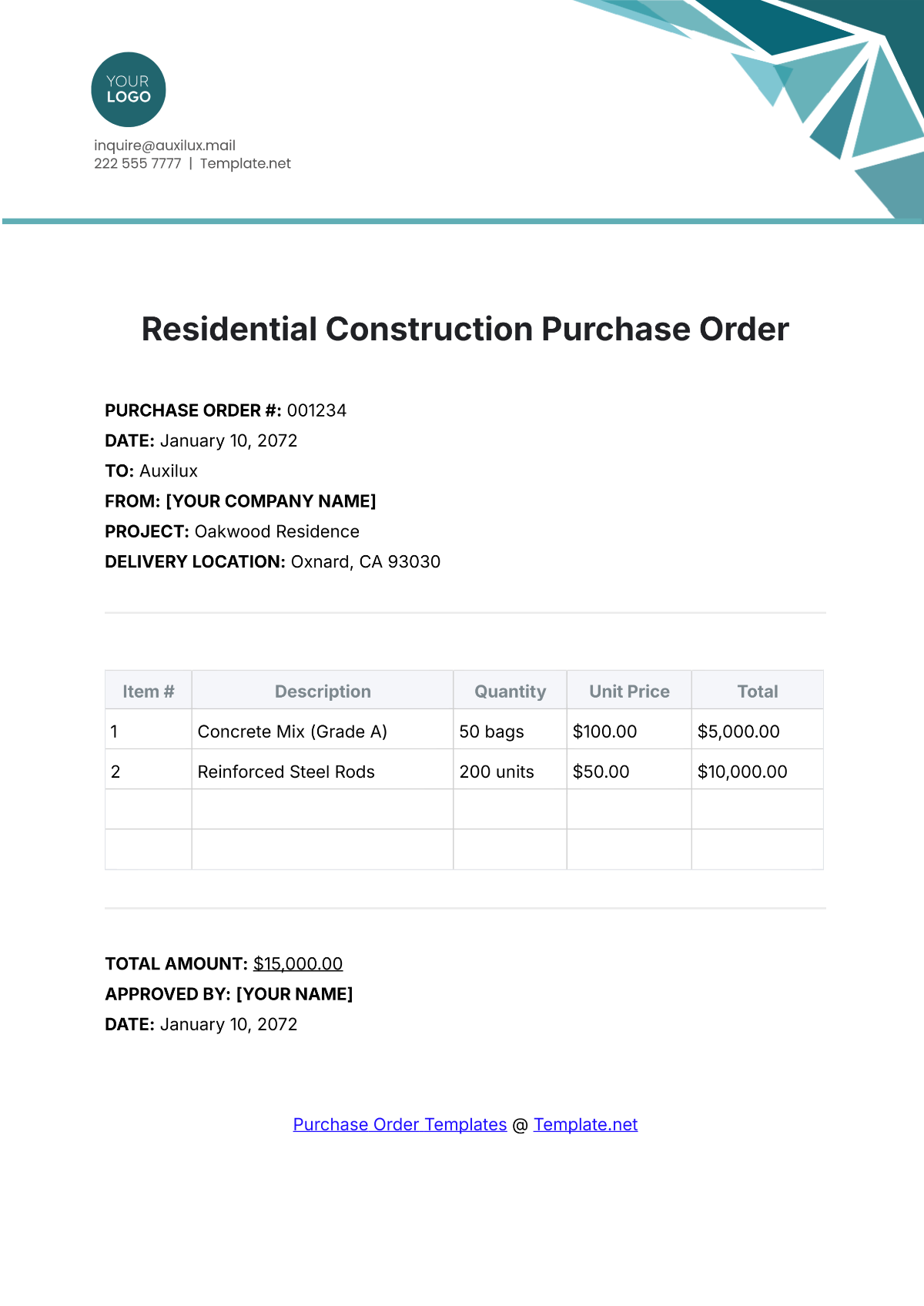 Residential Construction Purchase Order Template - Edit Online & Download