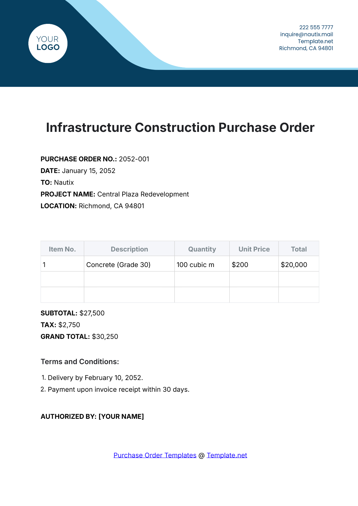 Infrastructure Construction Purchase Order Template - Edit Online & Download