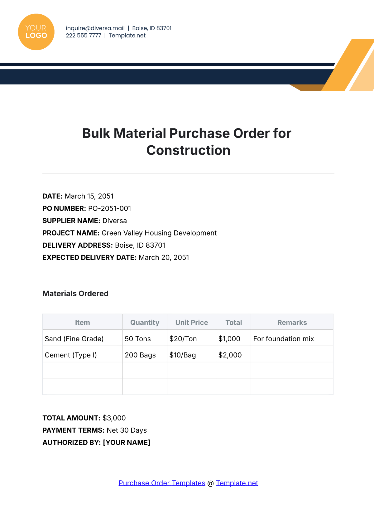 Bulk Material Purchase Order for Construction Template - Edit Online & Download