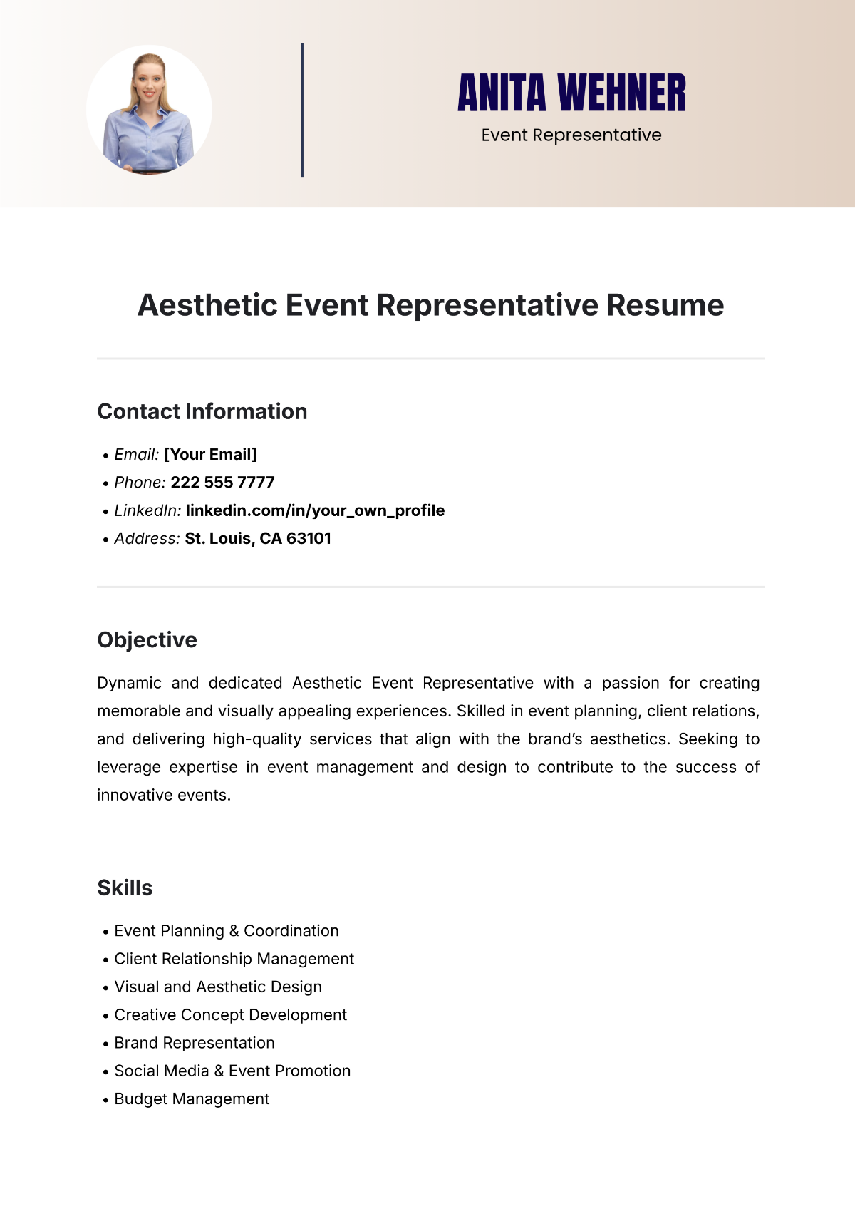 Aesthetic Event Representative Resume Template - Edit Online & Download