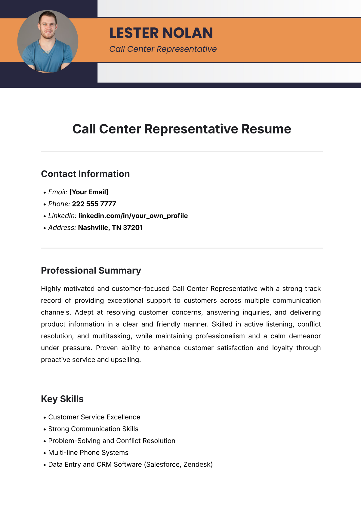 Call Center Representative Resume Template - Edit Online & Download