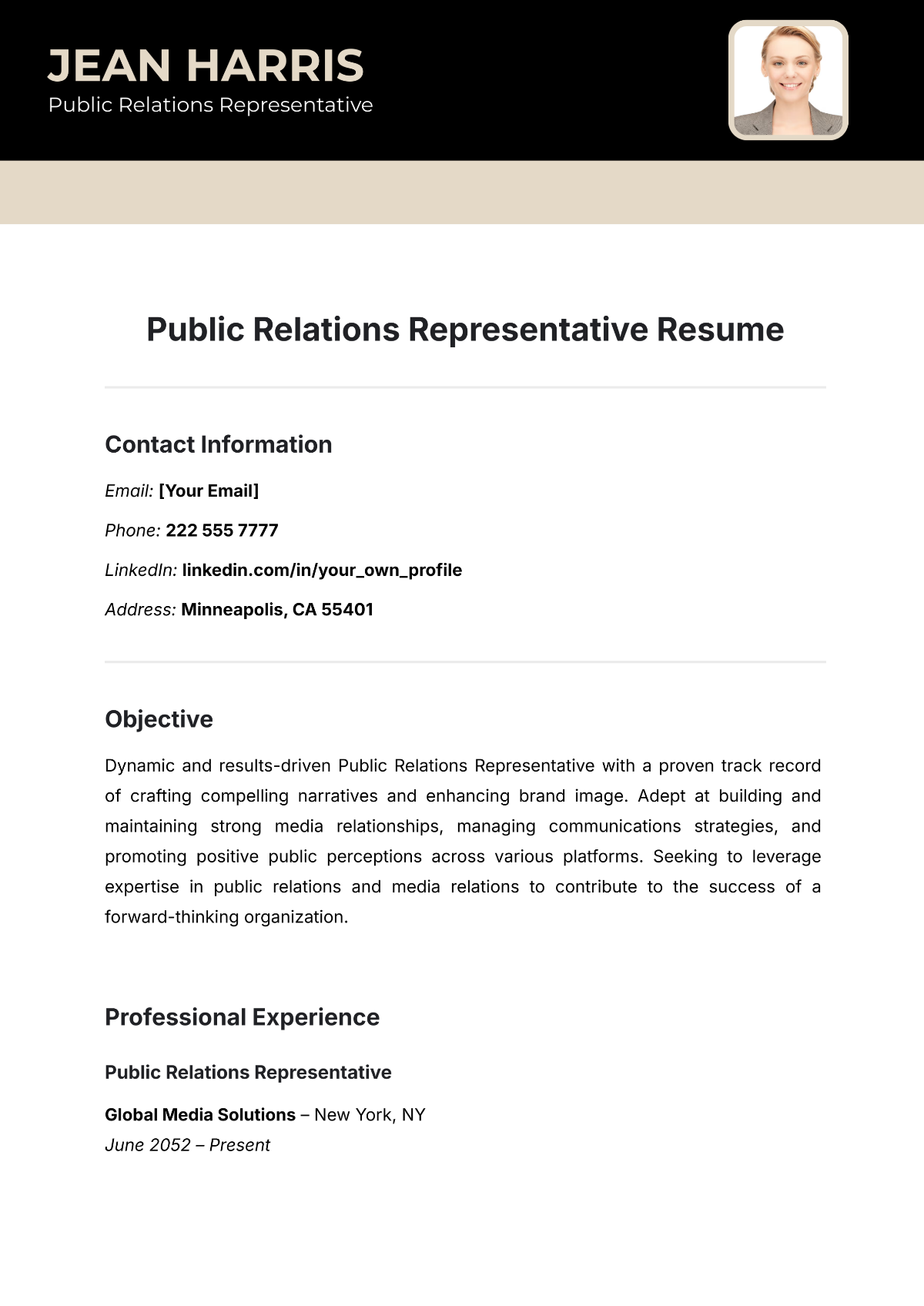 Public Relations Representative Resume Template - Edit Online & Download