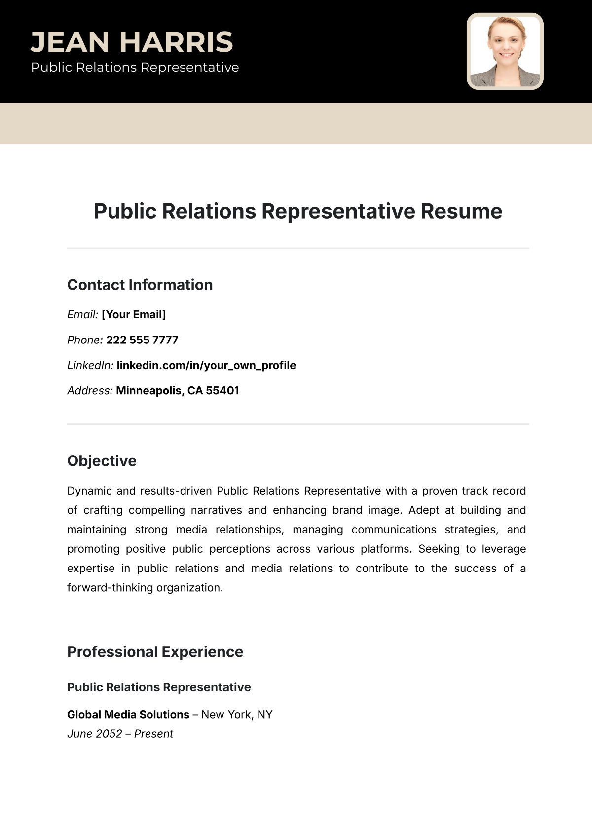 Free Public Relations Representative Resume Template To Edit Online