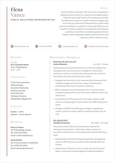 Free Public Relations Representative ATS Resume Template