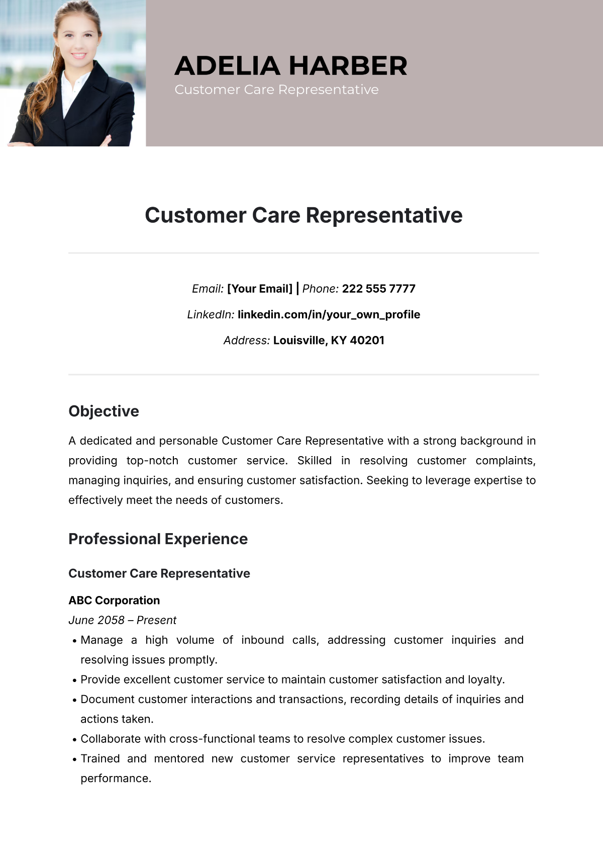 Customer Care Representative Resume Template - Edit Online & Download