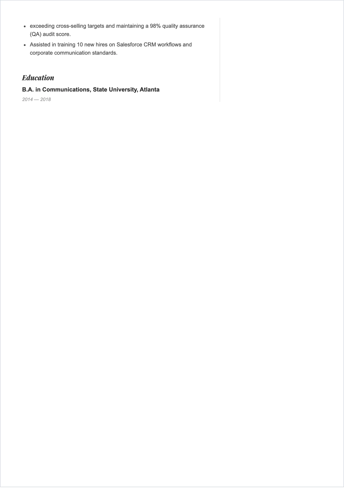 Free Customer Care Representative ATS Resume Template