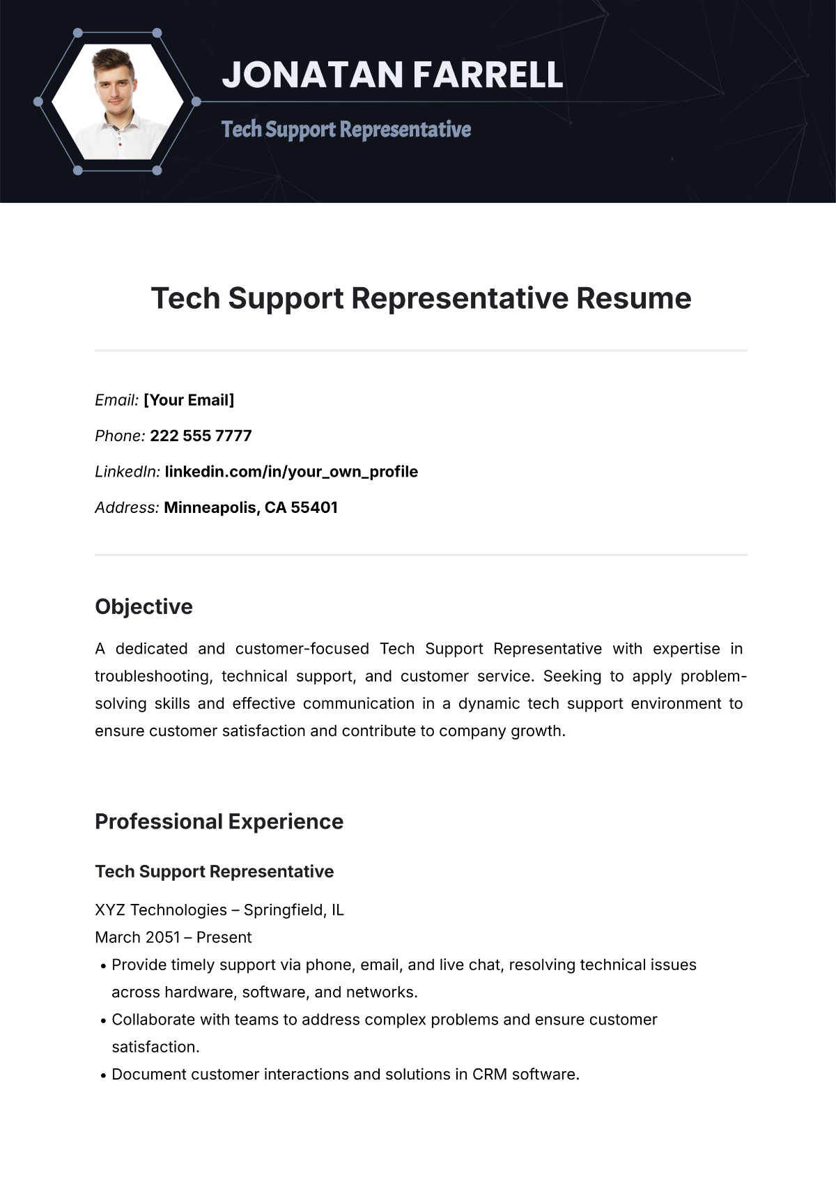 Tech Support Representative Resume Template - Edit Online & Download