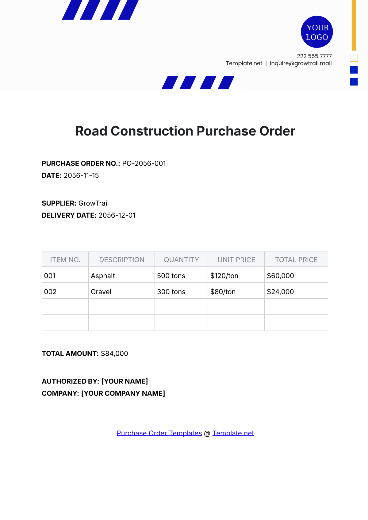 Road Construction Purchase Order Template - Edit Online & Download