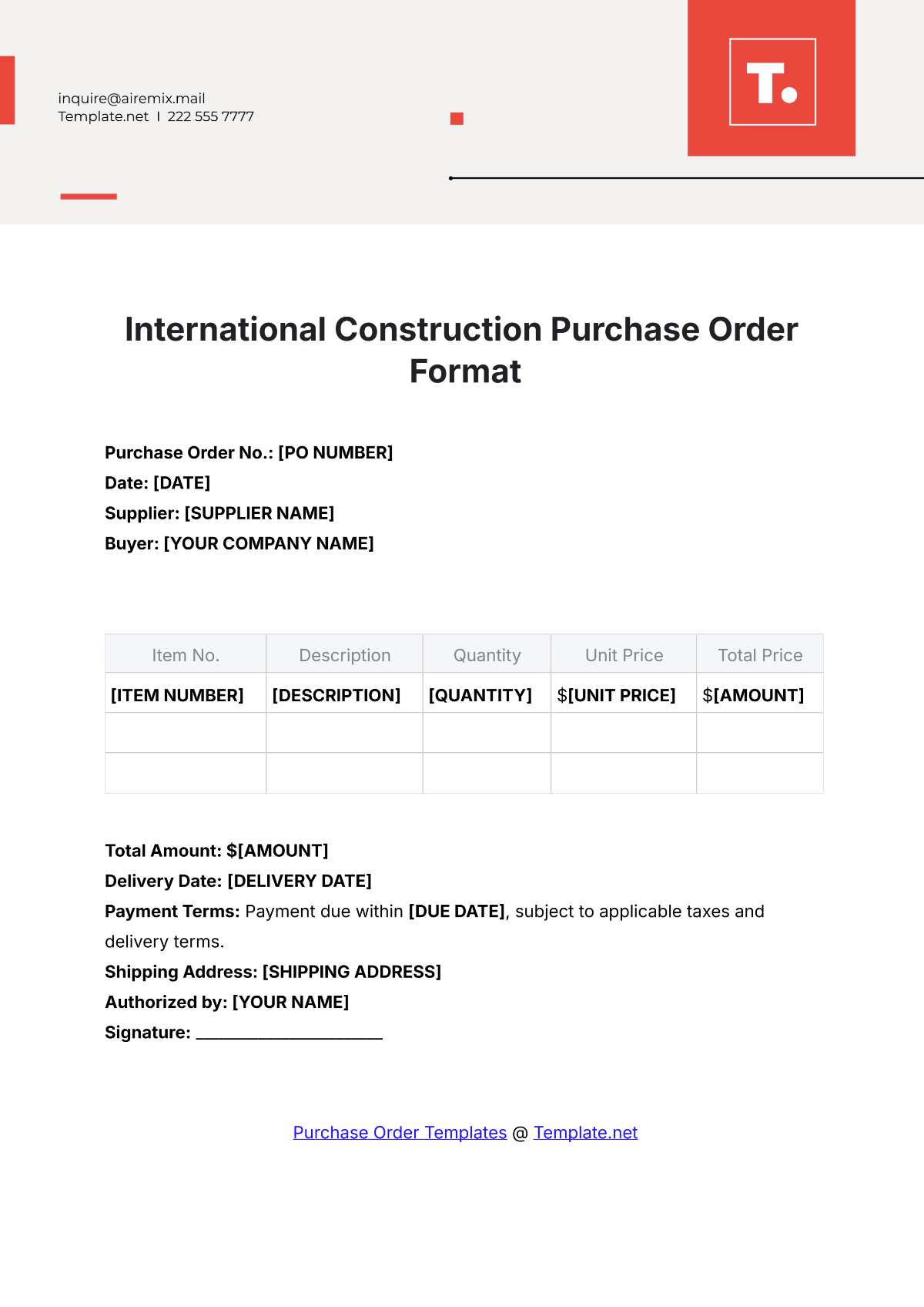 International Construction Purchase Order Format Template - Edit Online & Download