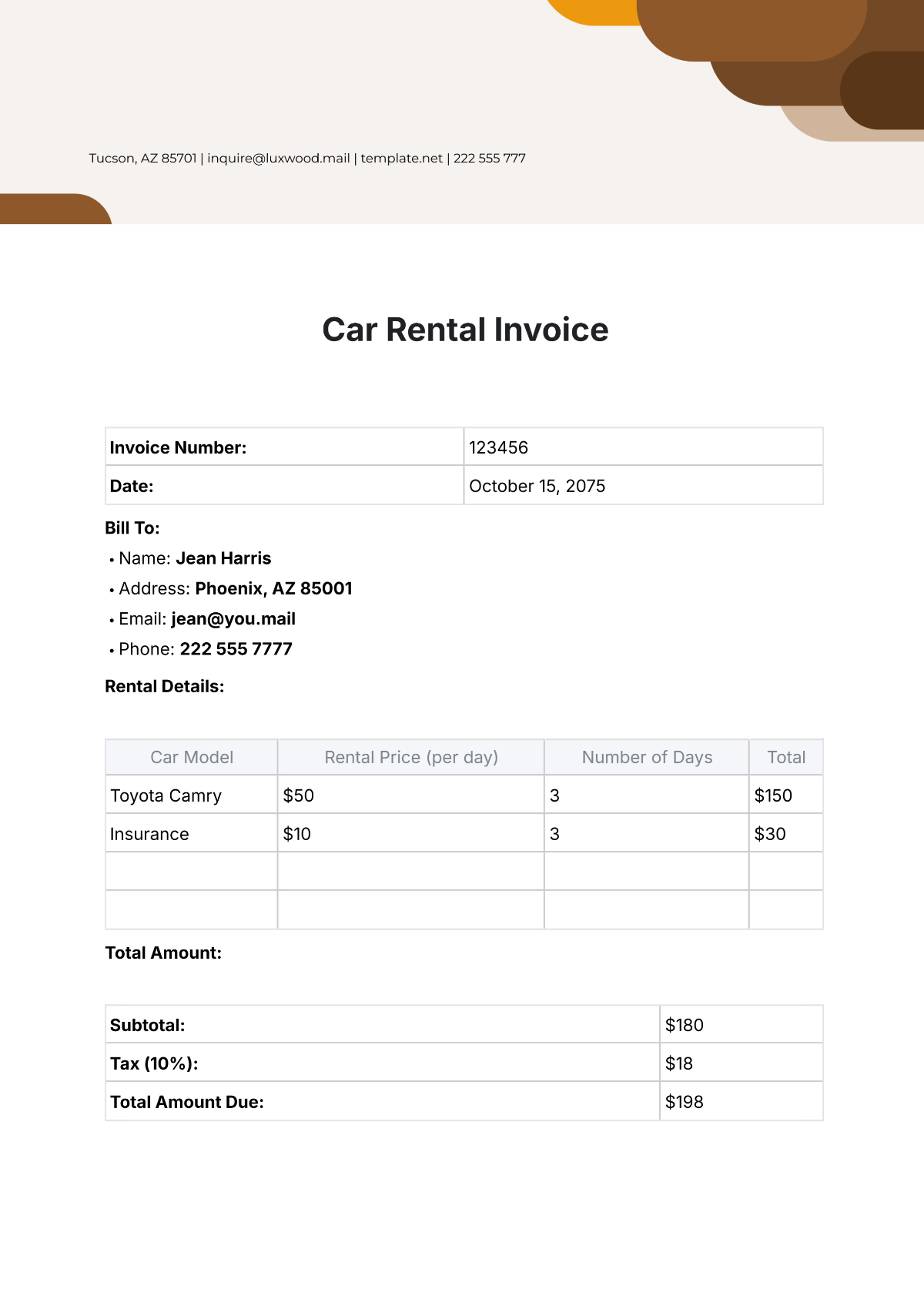 Car Rental Invoice Template - Edit Online & Download