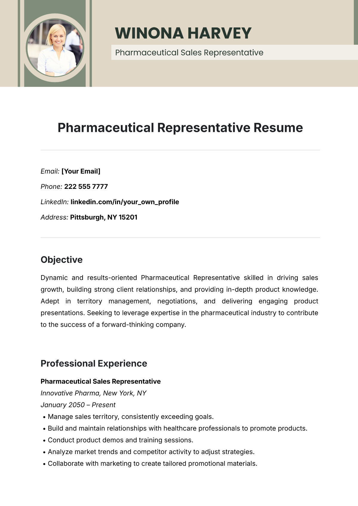 Pharmaceutical Representative Resume Template - Edit Online & Download