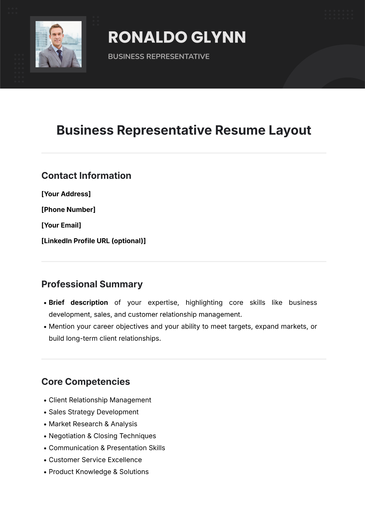 Business Representative Resume Layout Template - Edit Online & Download