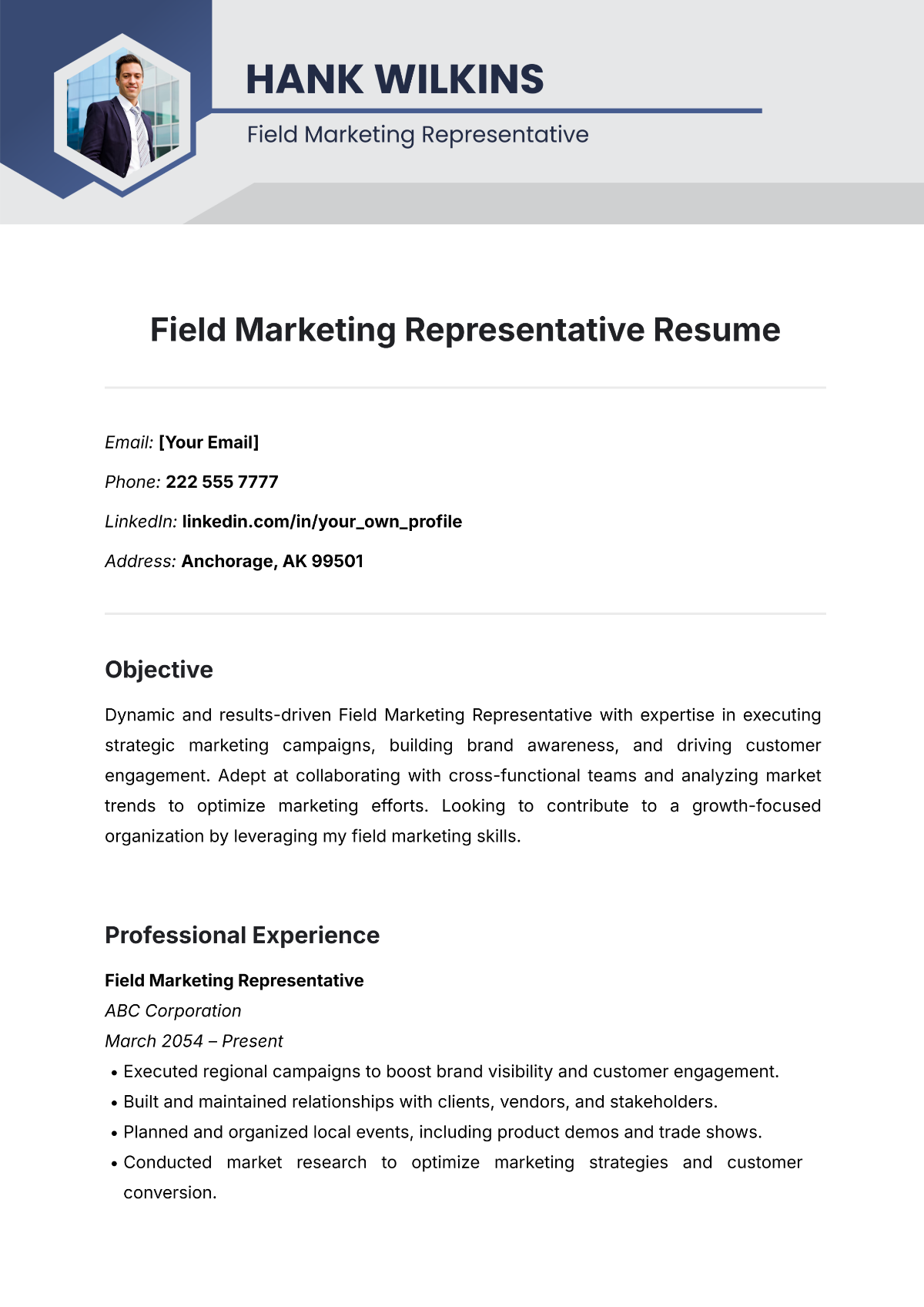 Field Marketing Representative Resume Template - Edit Online & Download