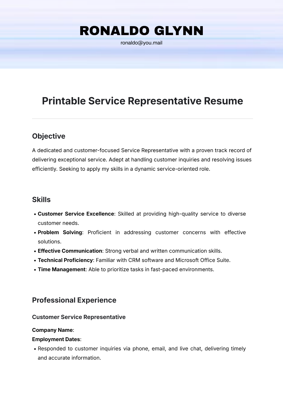 Printable Service Representative Resume Template - Edit Online & Download