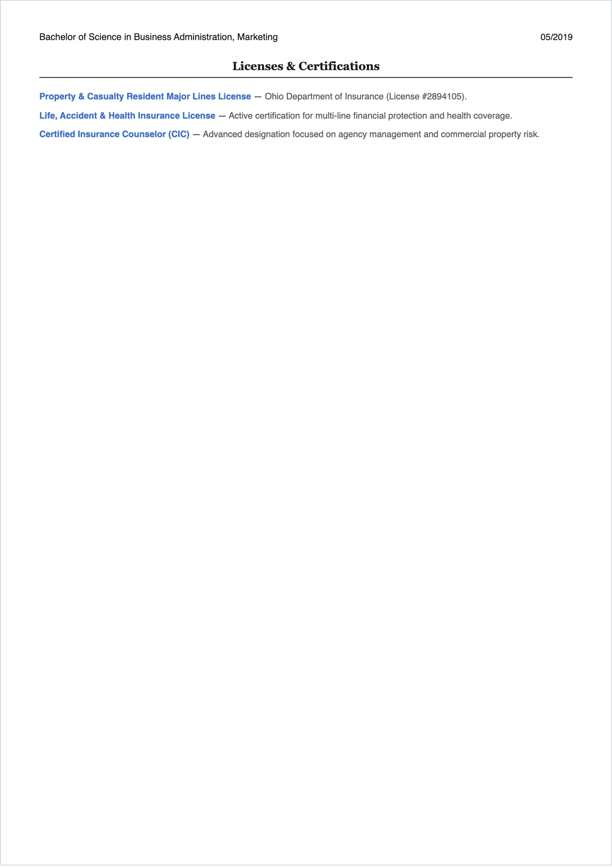 Free Insurance Sales Representative ATS Resume Template