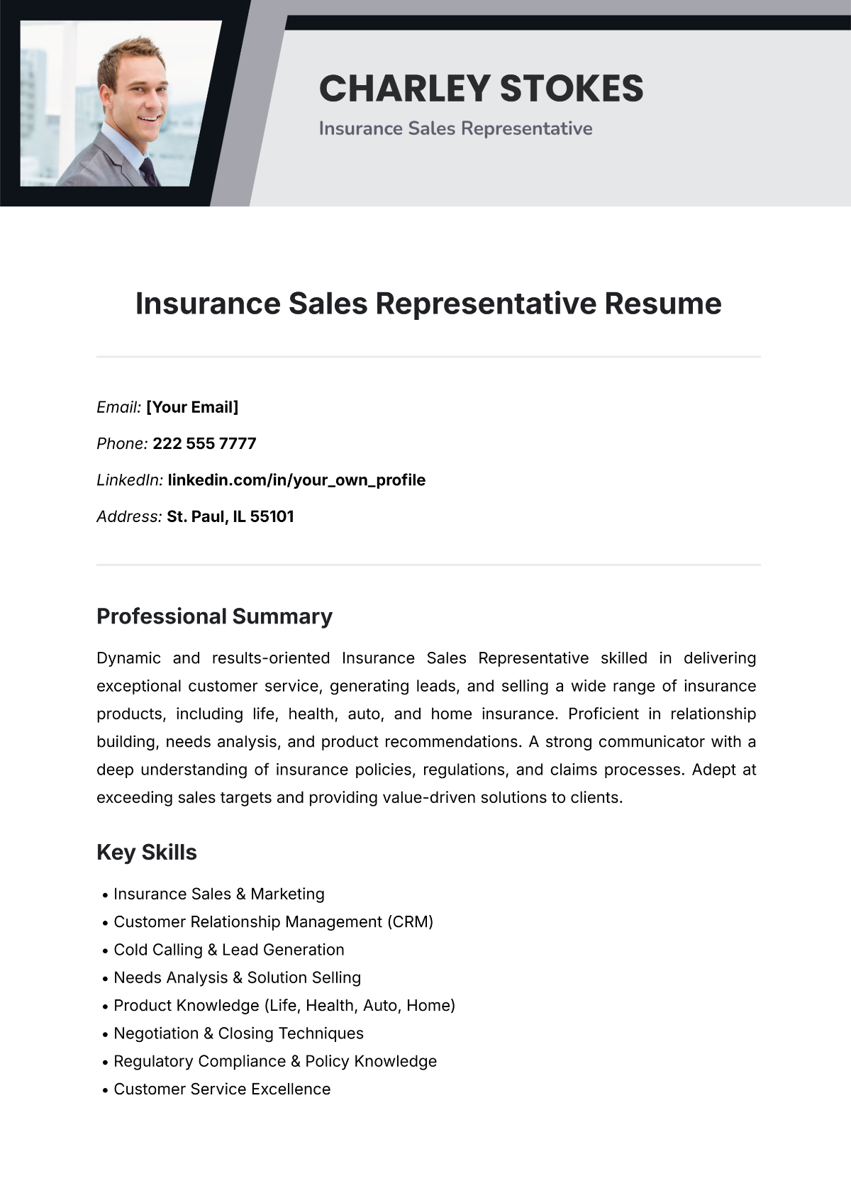 Insurance Sales Representative Resume Template - Edit Online & Download