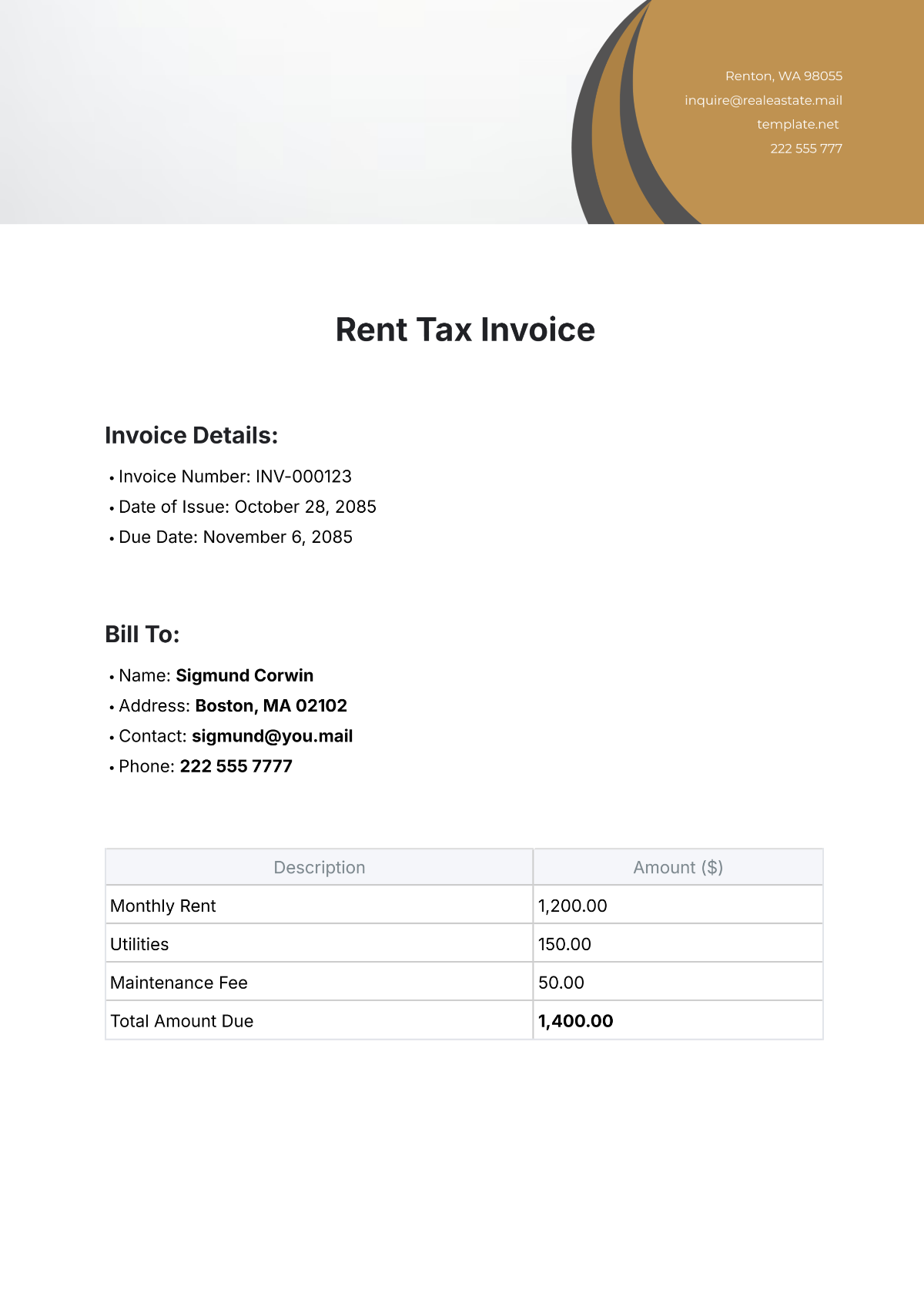 Rent Tax Invoice Template - Edit Online & Download