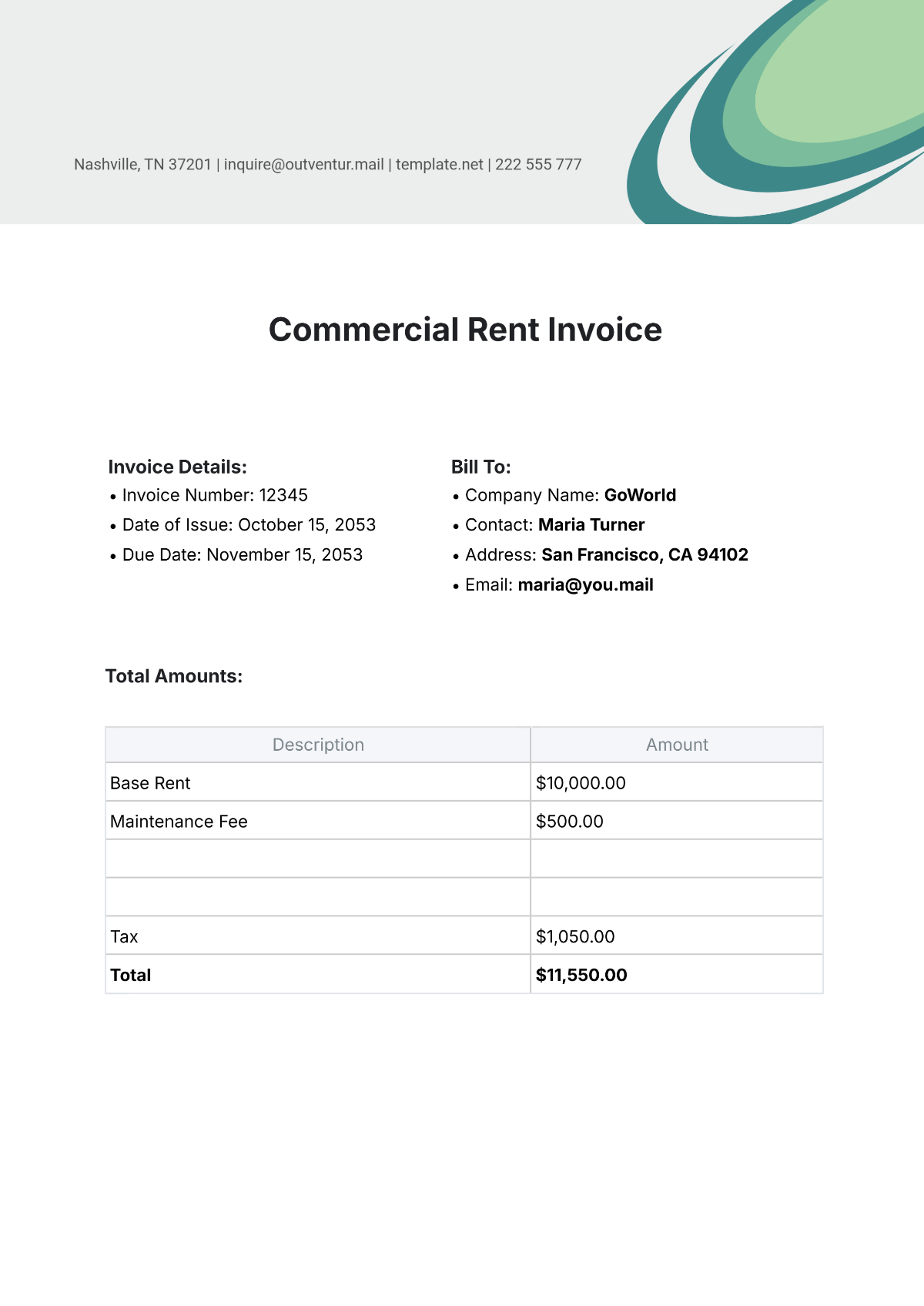 Commercial Rent Invoice Template - Edit Online & Download