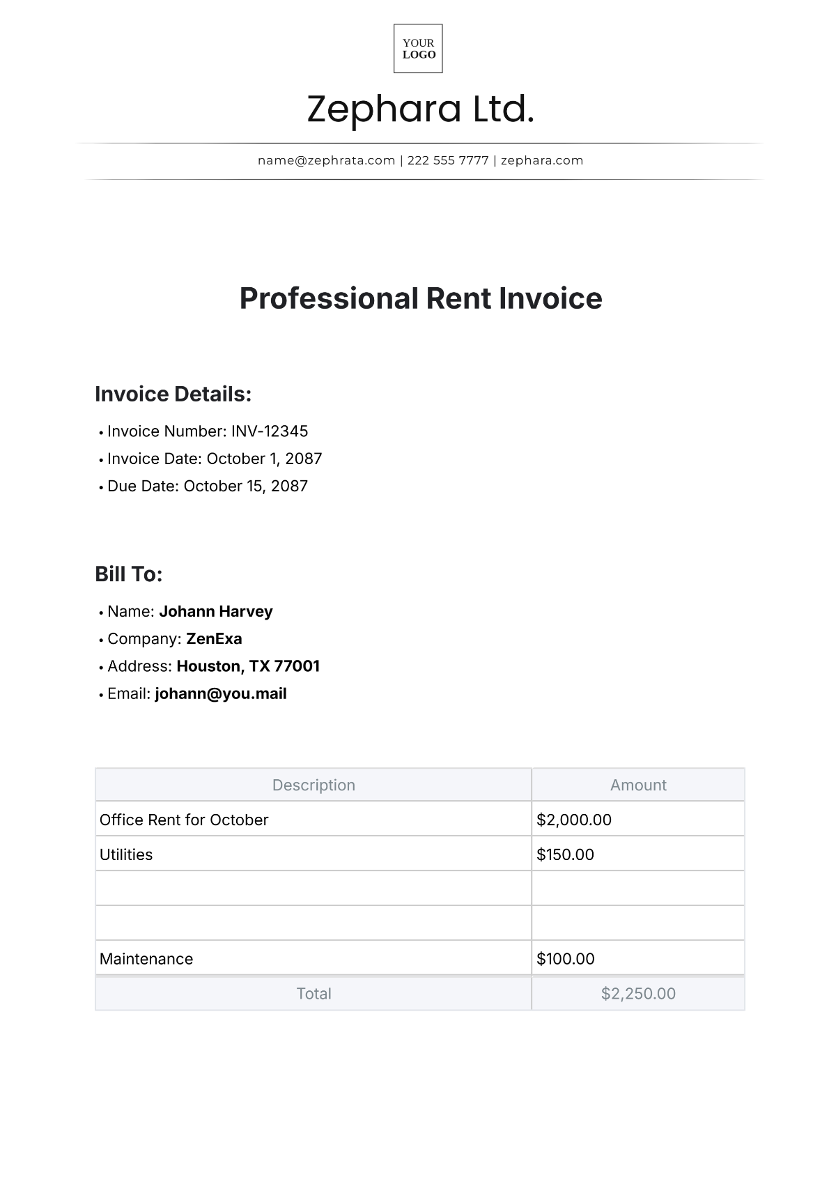 Professional Rent Invoice Template - Edit Online & Download