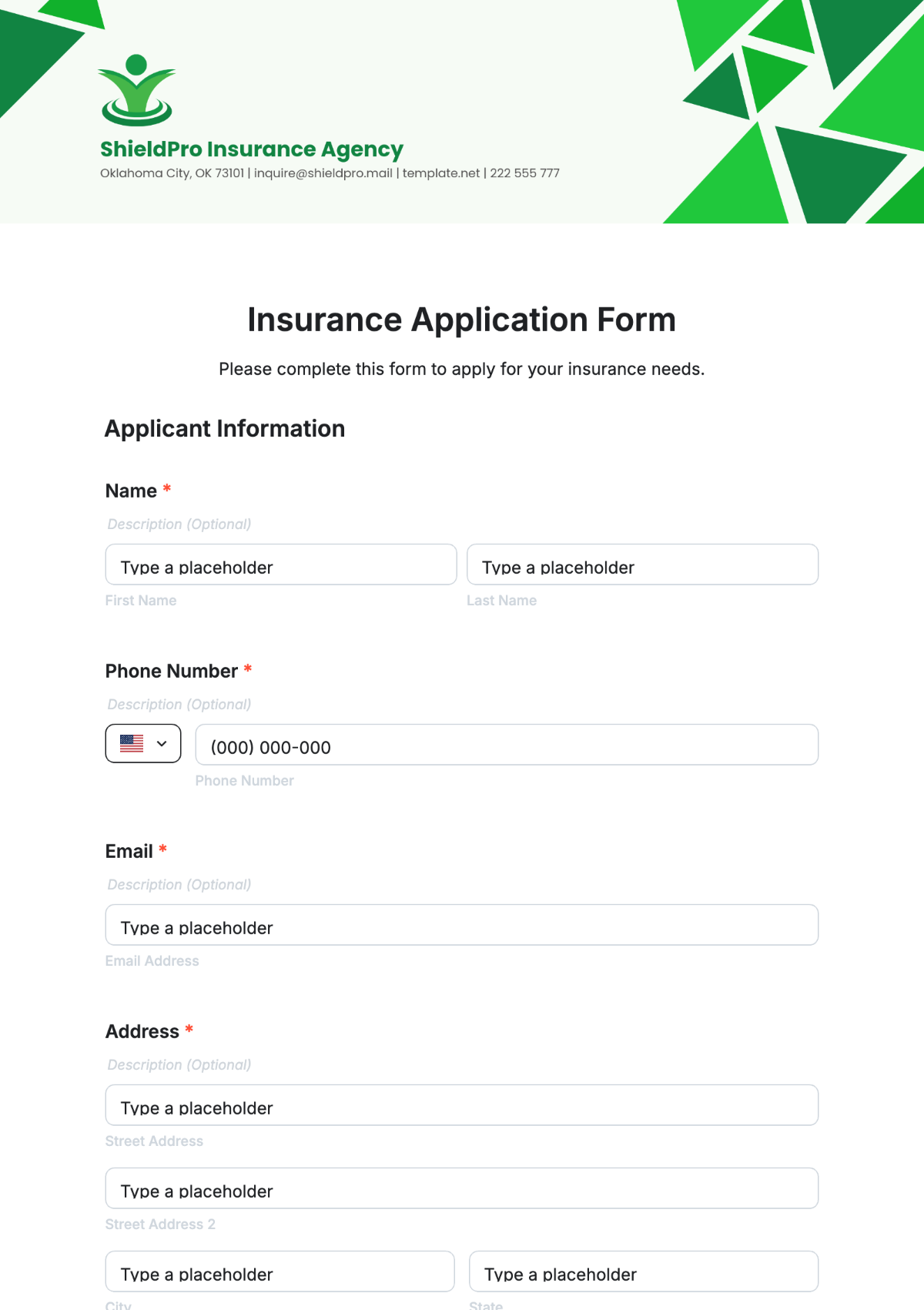 Insurance Application Form Template