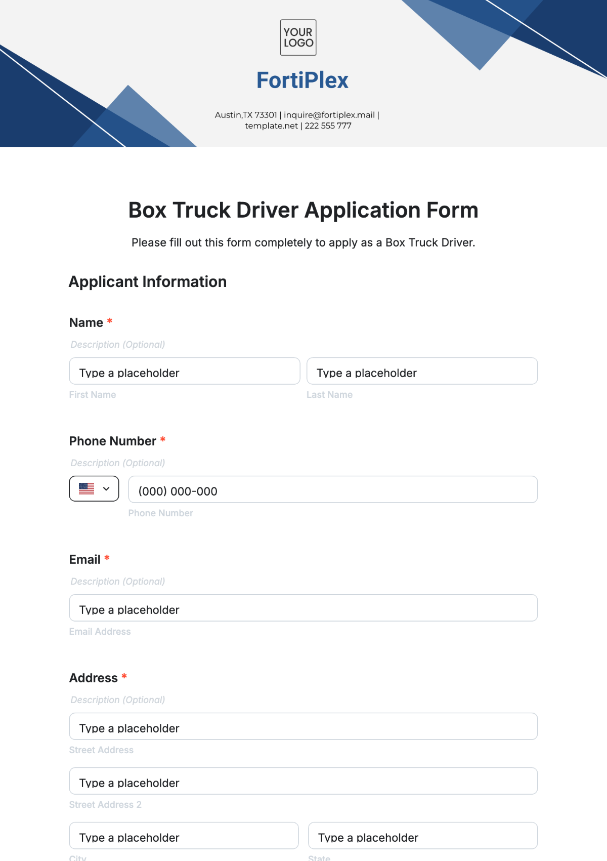 Box Truck Driver Application Form Template