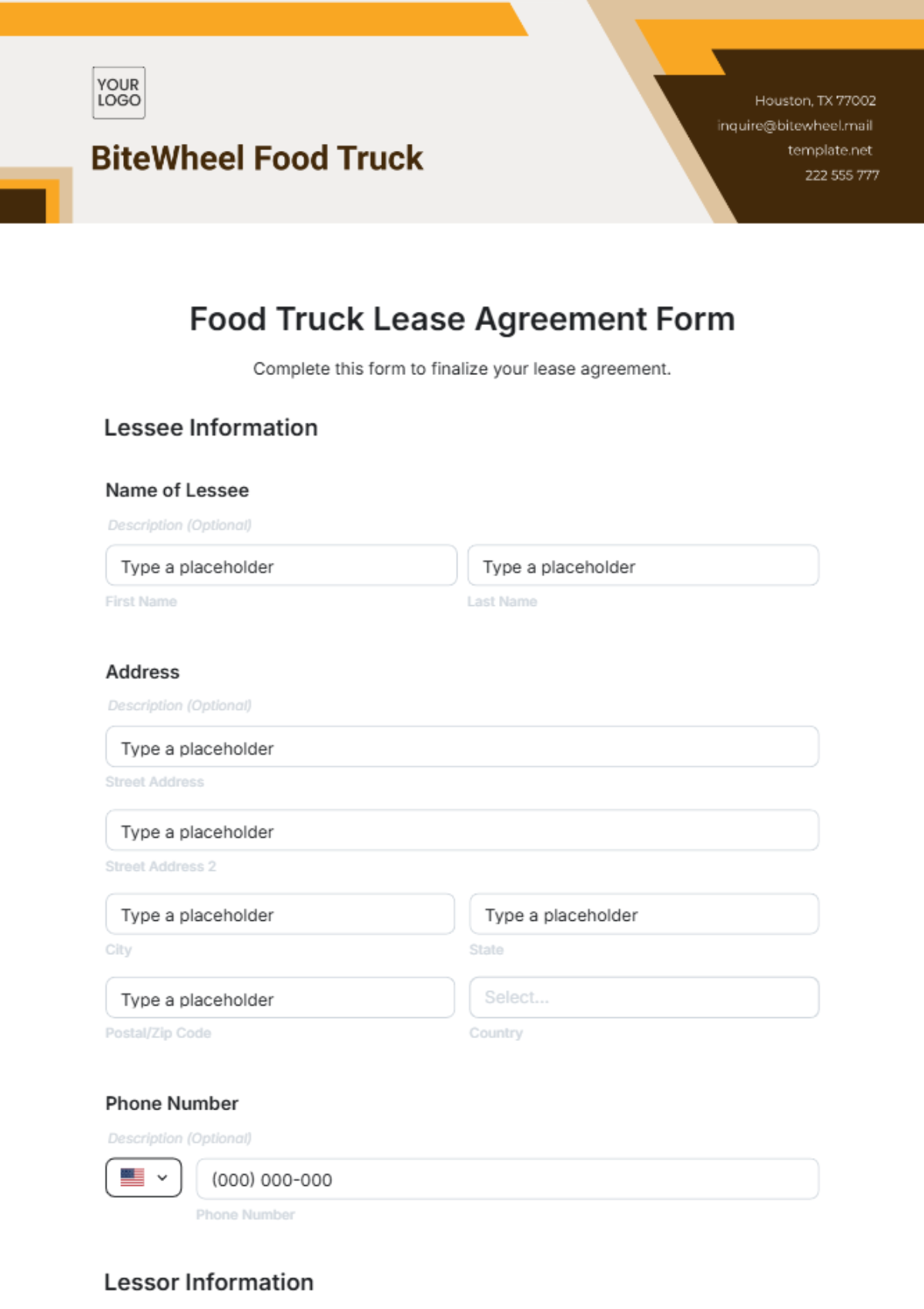 Food Truck Lease Agreement Form Template - Edit Online & Download