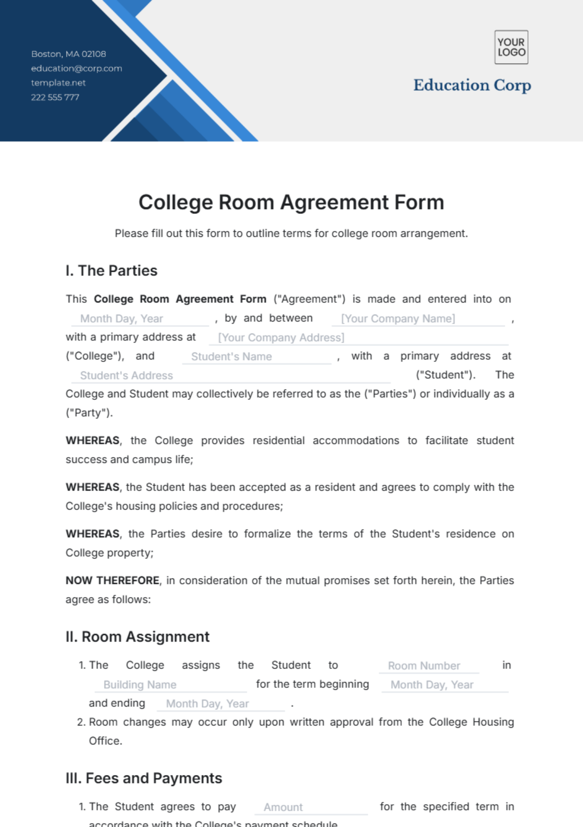 College Room Agreement Form Template - Edit Online & Download