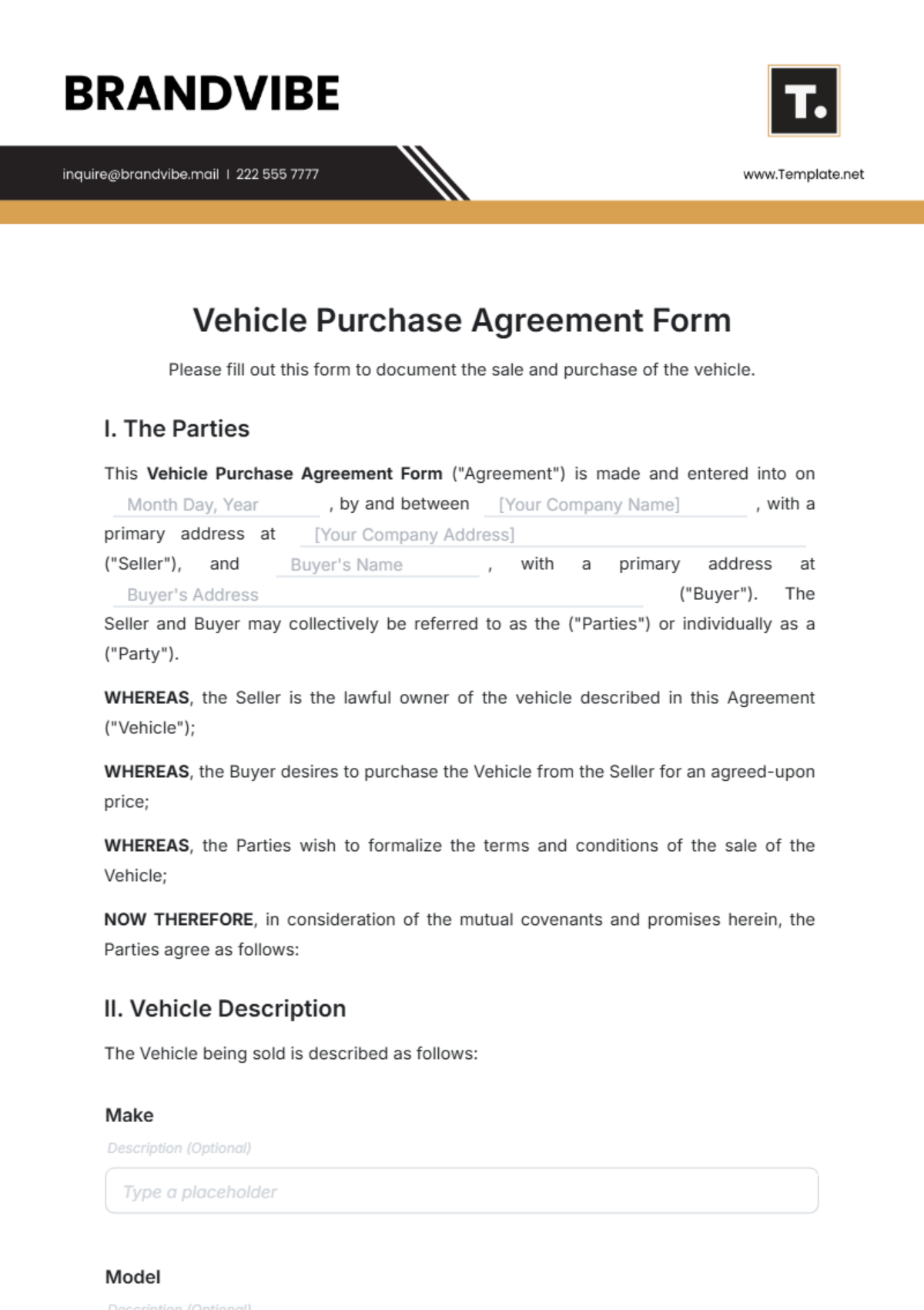 Vehicle Purchase Agreement Form Template - Edit Online & Download