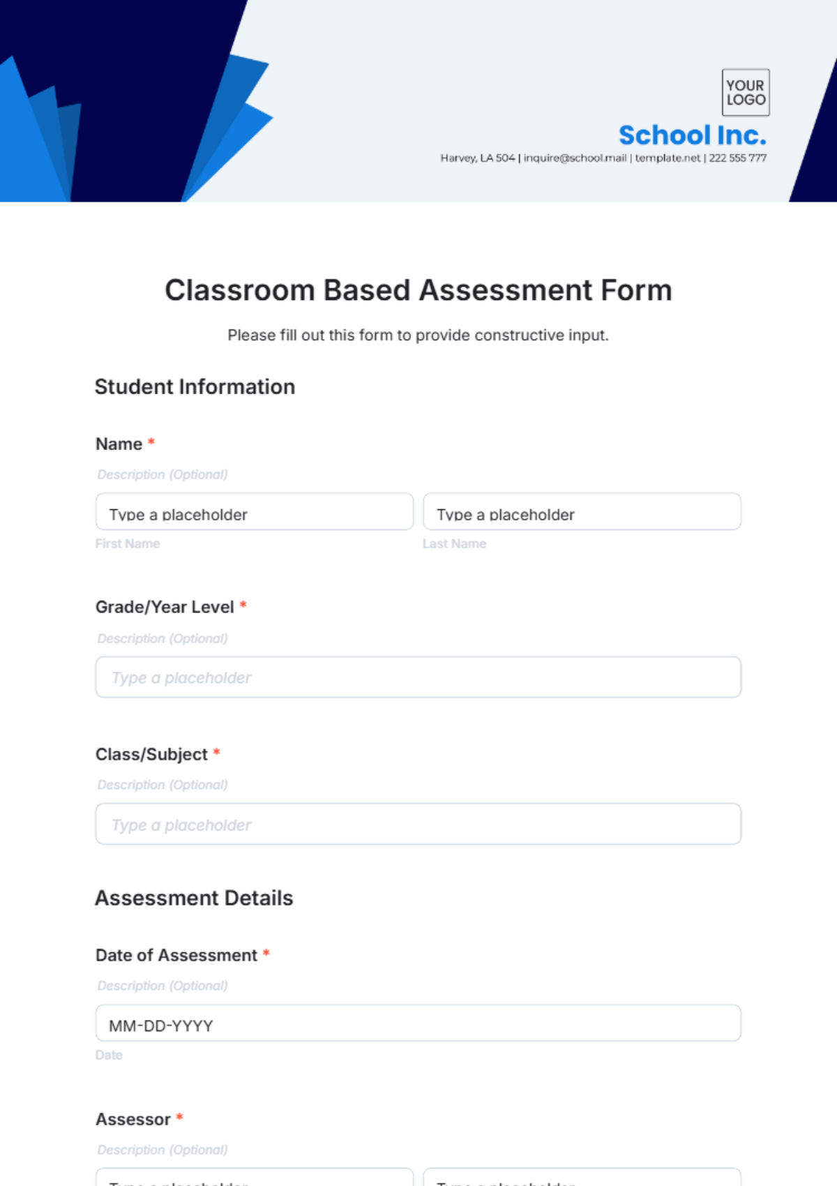 Classroom Based Assessment Form Template - Edit Online & Download