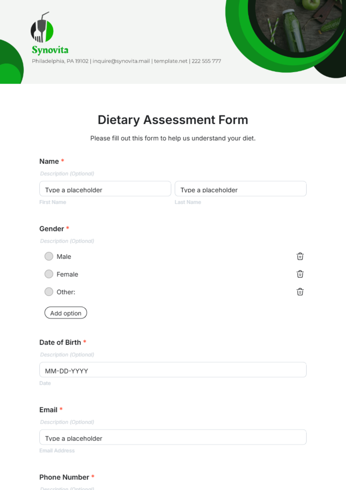 Dietary Assessment Form Template - Edit Online & Download