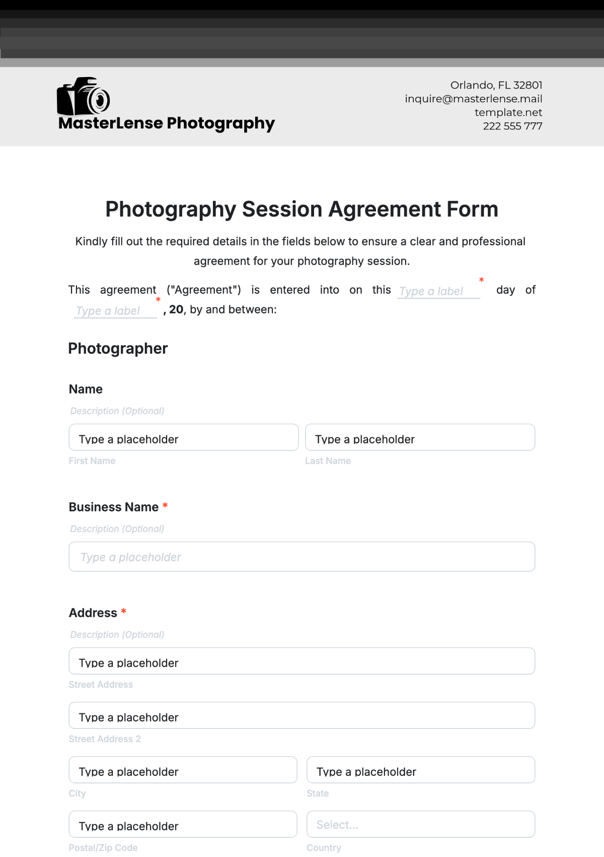 Photography Session Agreement Form Template - Edit Online & Download