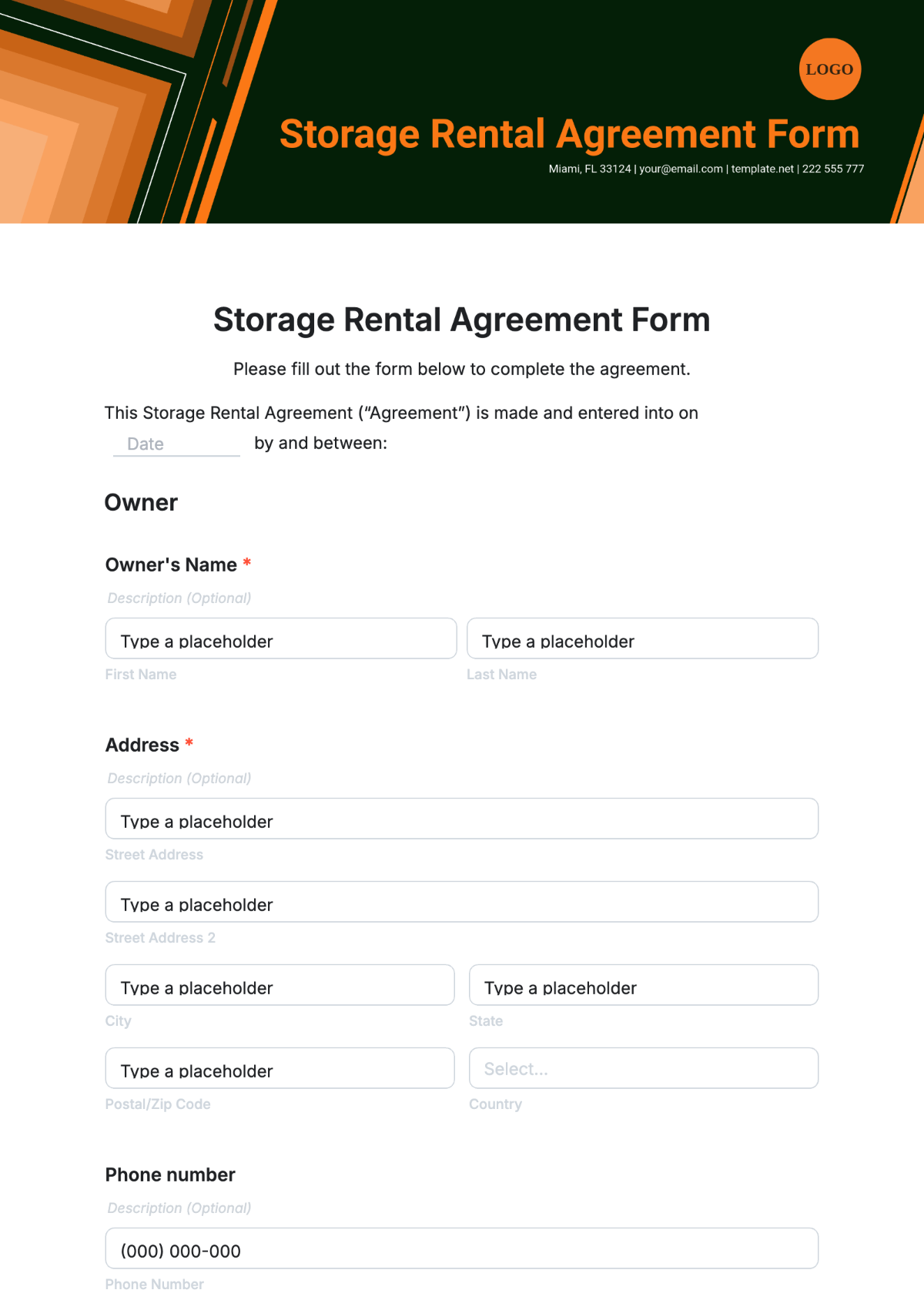 Storage Rental Agreement Form Template - Edit Online & Download