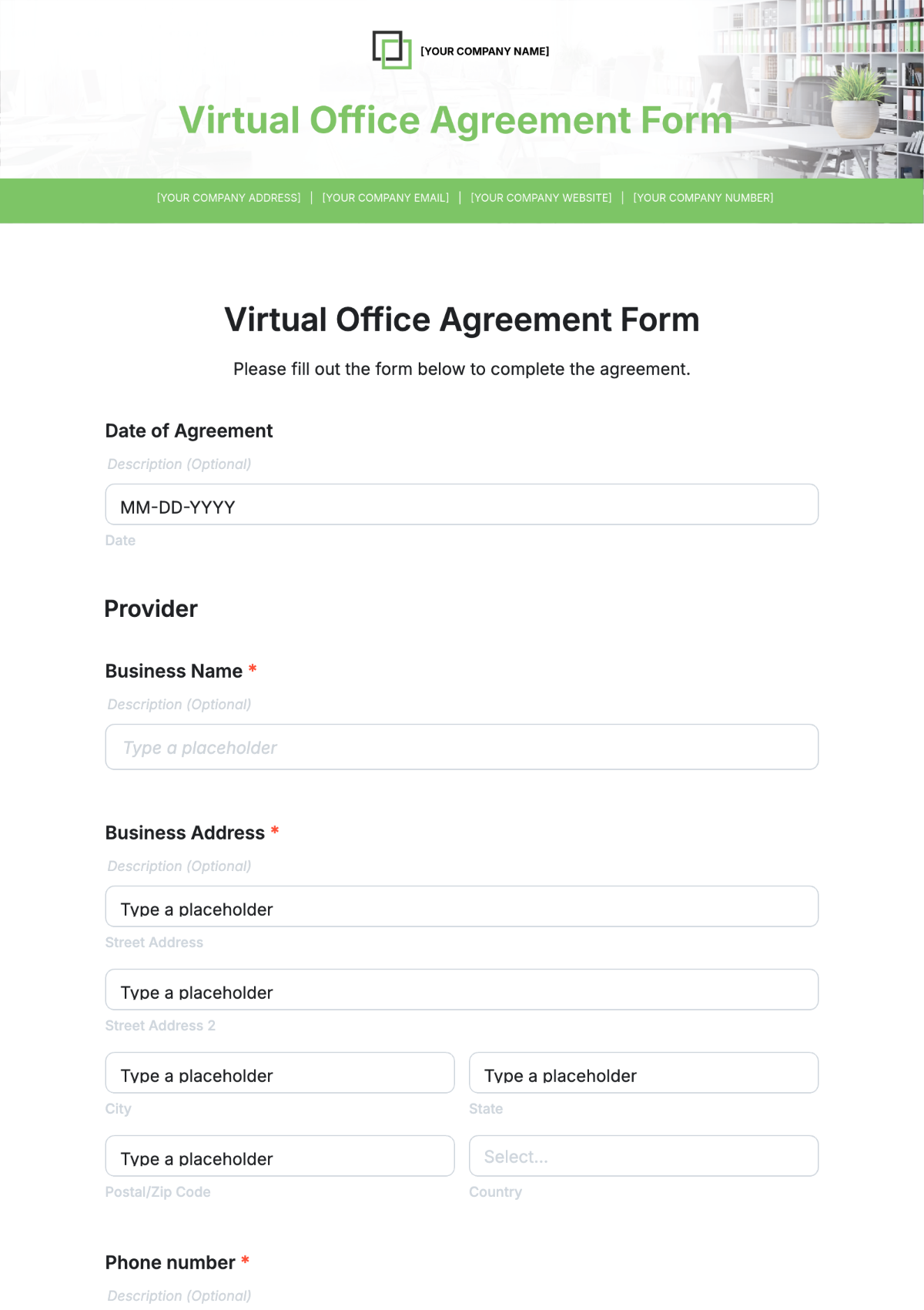 Virtual Office Agreement Form Template