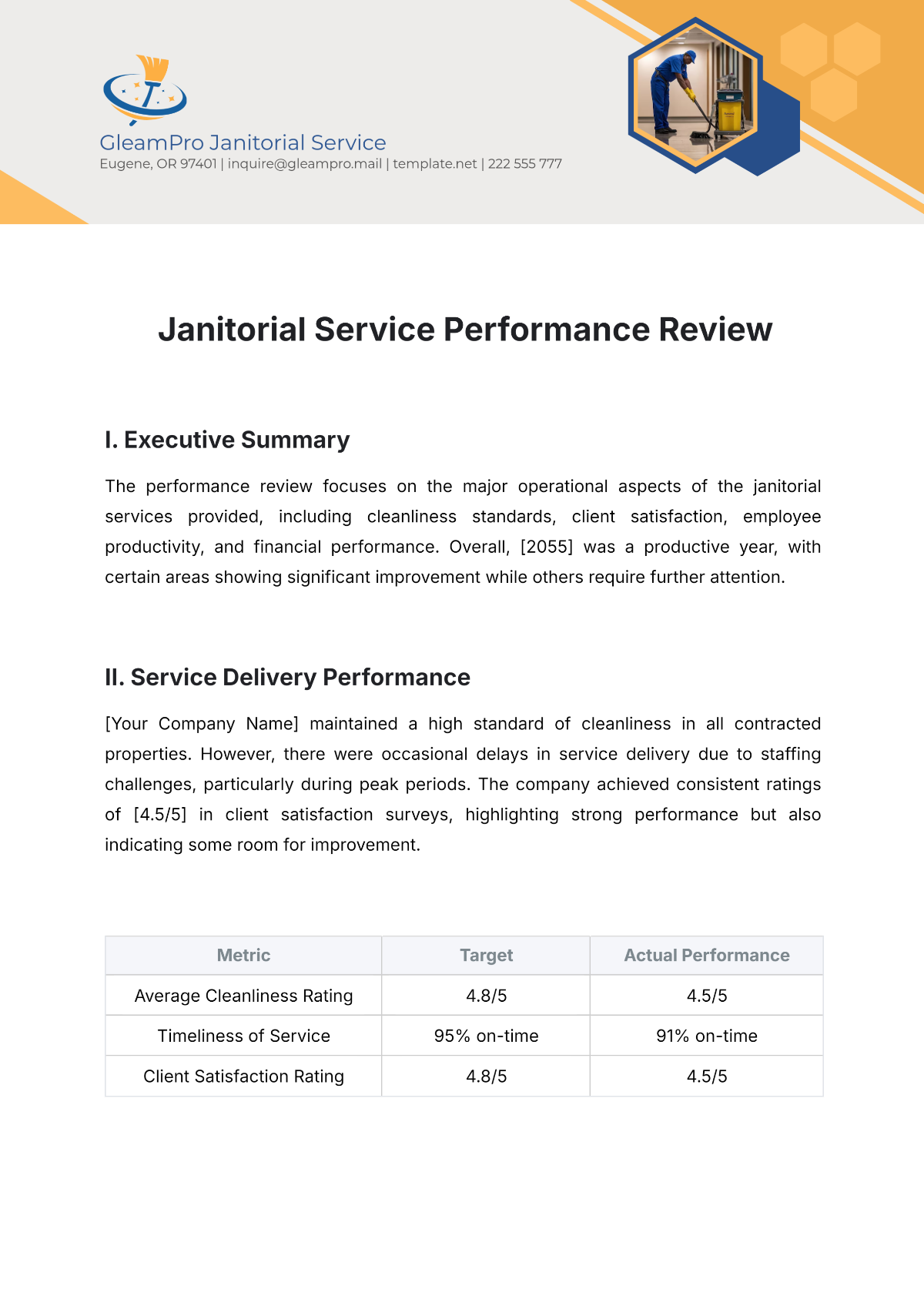 Janitorial Service Performance Review Template - Edit Online & Download