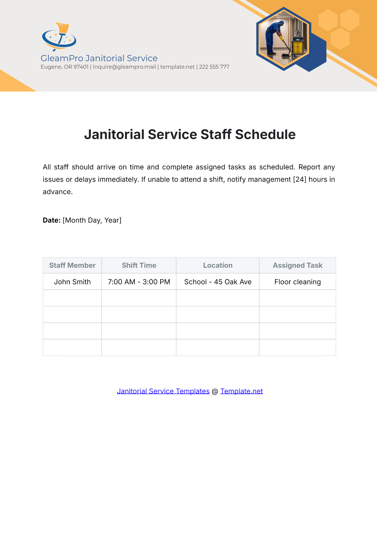 Janitorial Service Staff Schedule Template