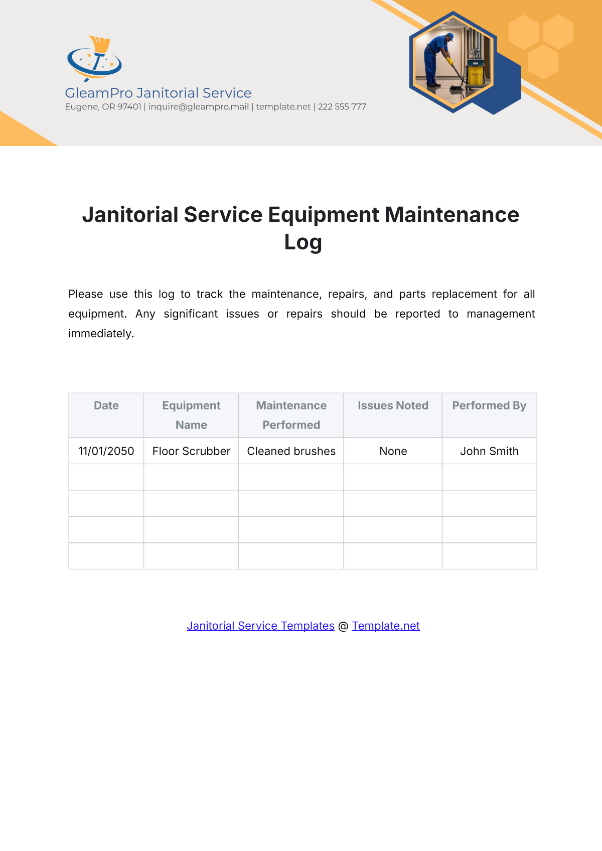 Janitorial Service Equipment Maintenance Log Template