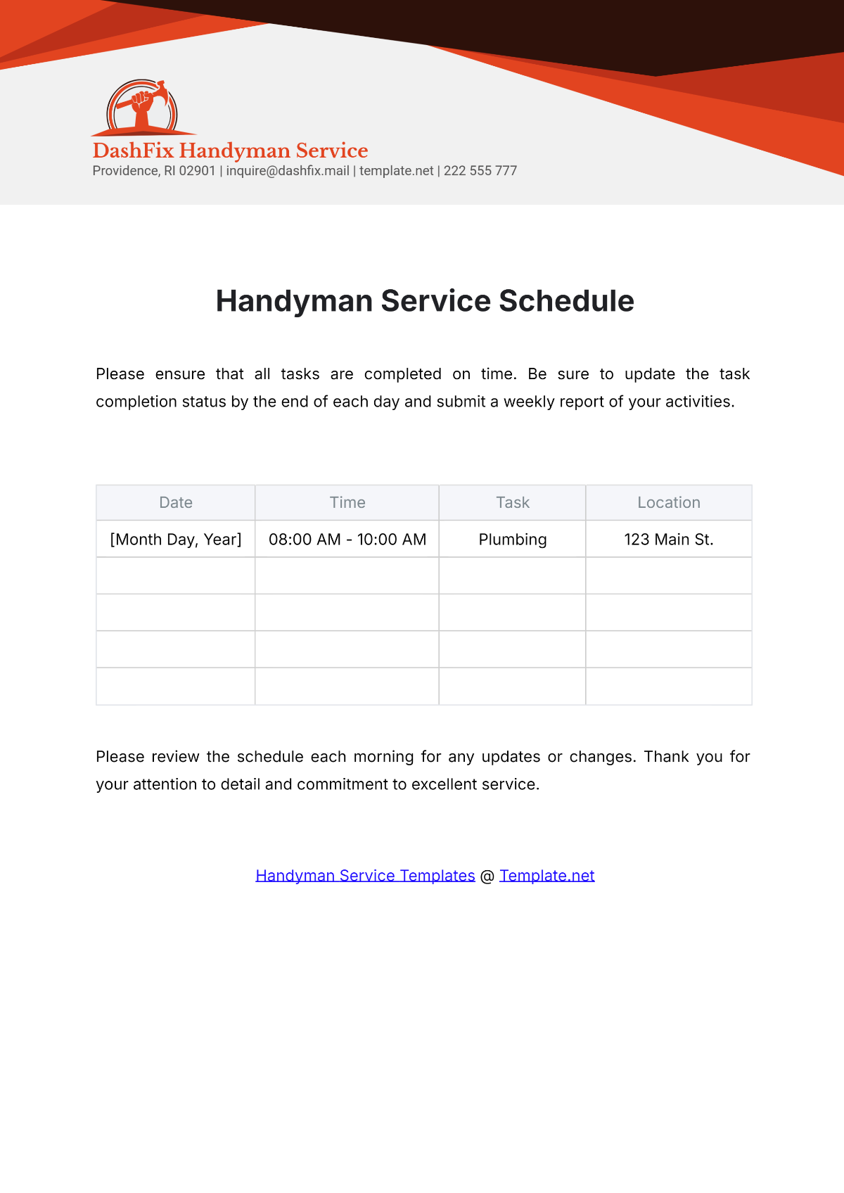 Handyman Service Schedule Template - Edit Online & Download