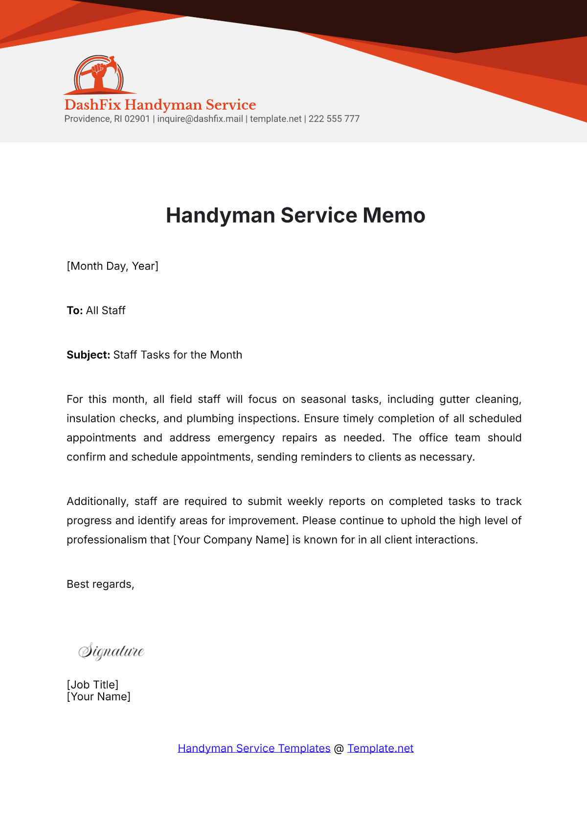 Handyman Service Memo Template - Edit Online & Download