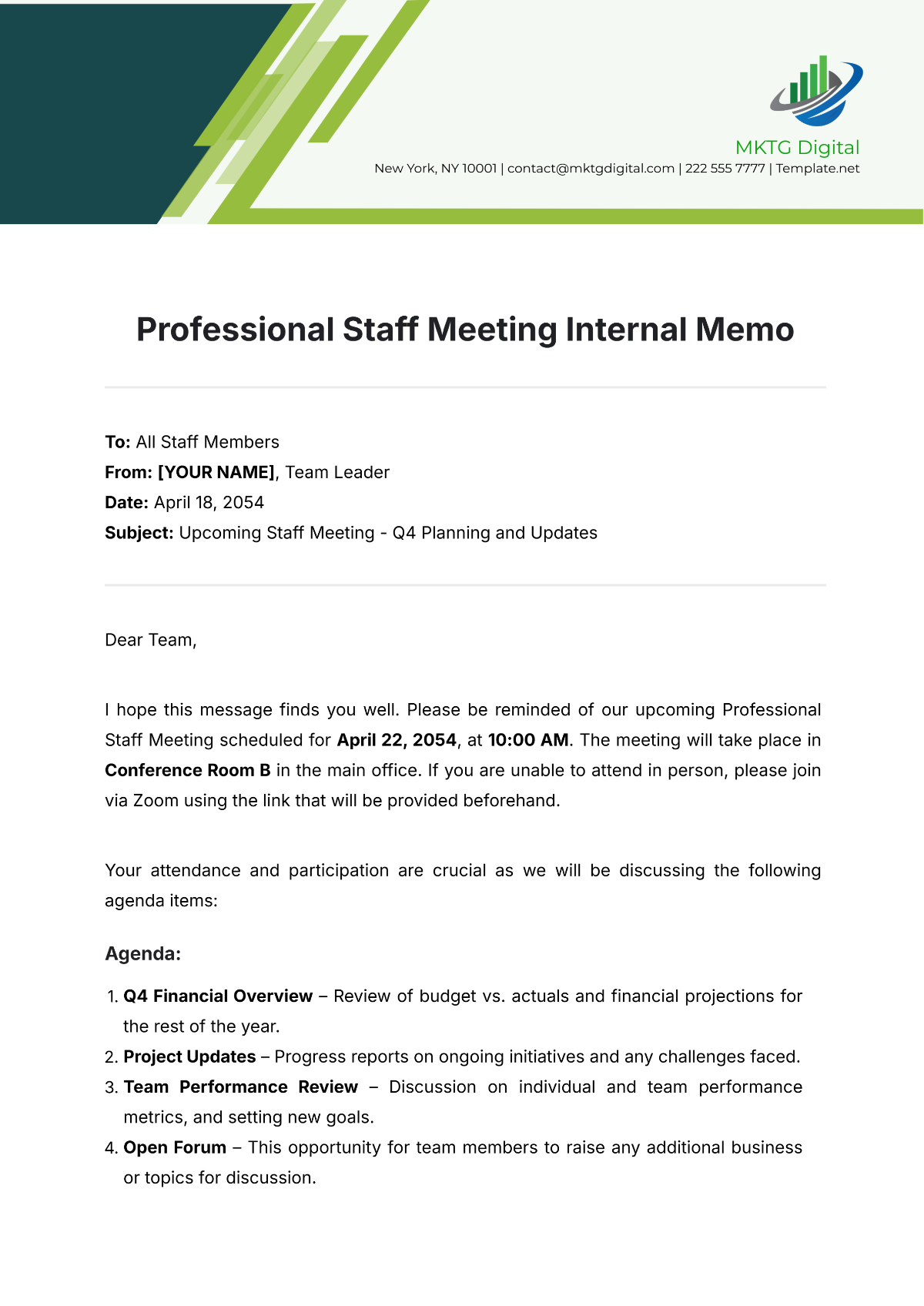 Professional Staff Meeting Internal Memo Template - Edit Online & Download