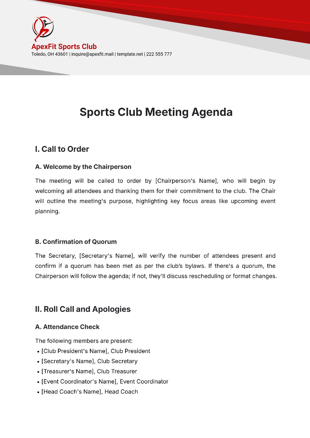 Sports Club Meeting Agenda Template - Edit Online & Download