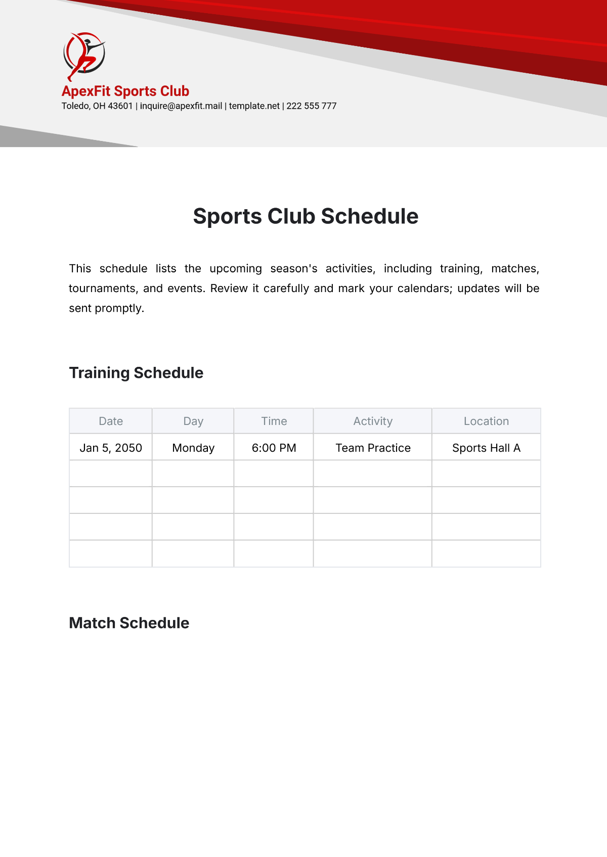 Sports Club Schedule Template - Edit Online & Download