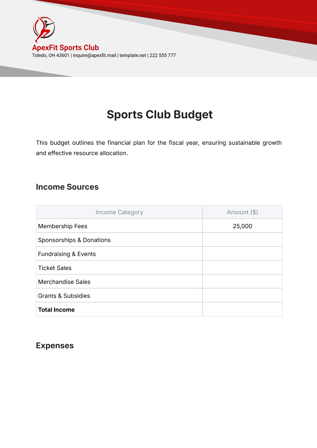 Sports Club Budget Template - Edit Online & Download